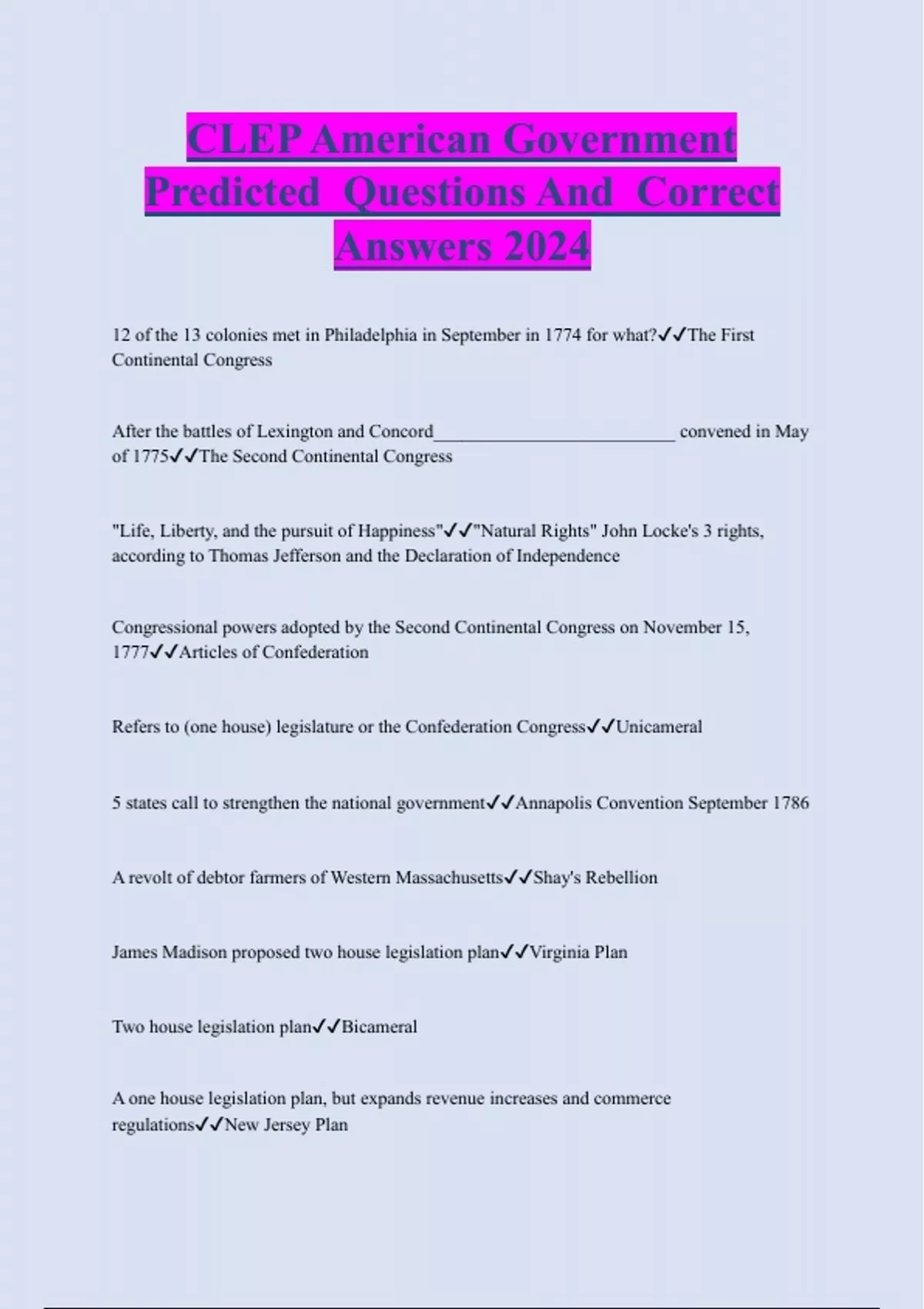 Clep American Government Predicted Questions And Correct Answers 2024