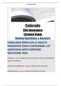 COROLADO-TERM/LIFE & HEALTH INSURANCE EXAM CONTAINING 147 QUESTIONS WITH CERTIFIED SOLUTIONS 2024. Terms like; INSURANCE - Answer: TRANSFER OF RISK. INSUREDS' LOSSES ARE TRANSFERRED OVER TO THE INSURER