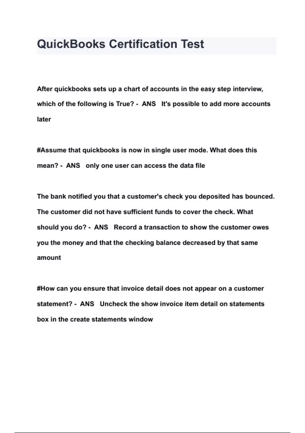 QuickBooks Certification Test QUESTIONS & ANSWERS 2024 ( A+ GRADED 100