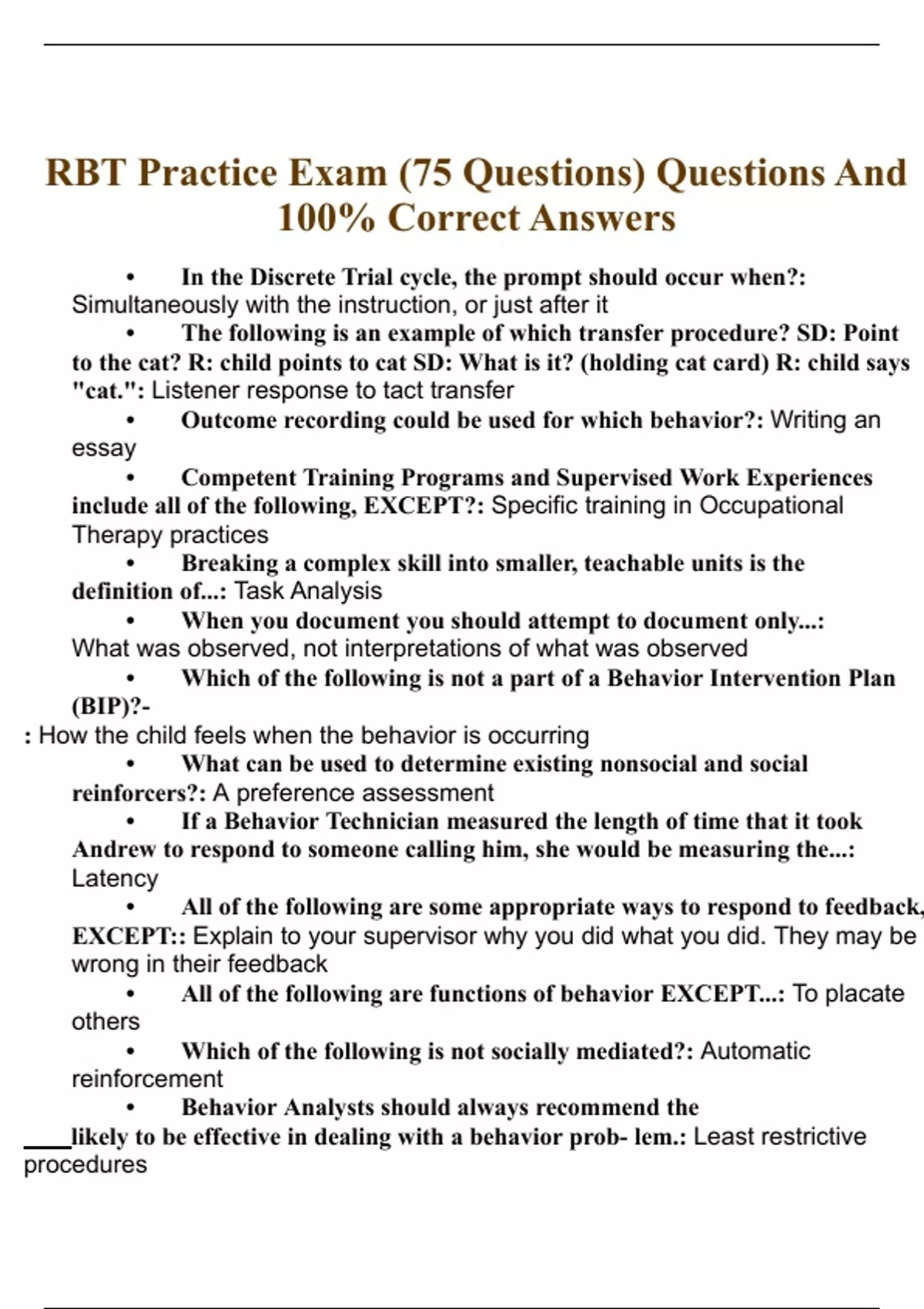 RBT Practice Exam | 75 Questions with 100% Correct Answers | Verified