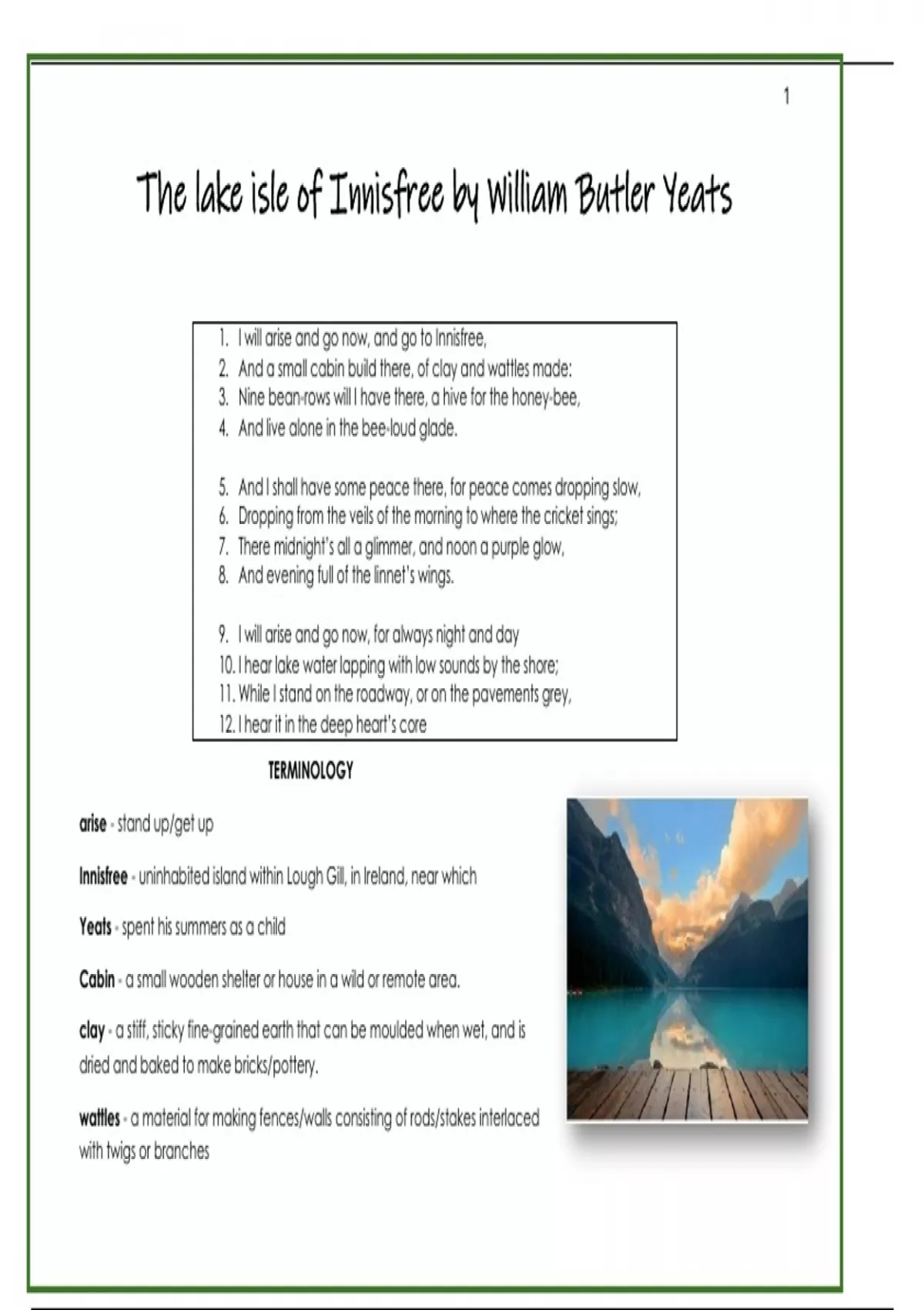 Summary The lake isle of Innisfree Poem analysis English Home