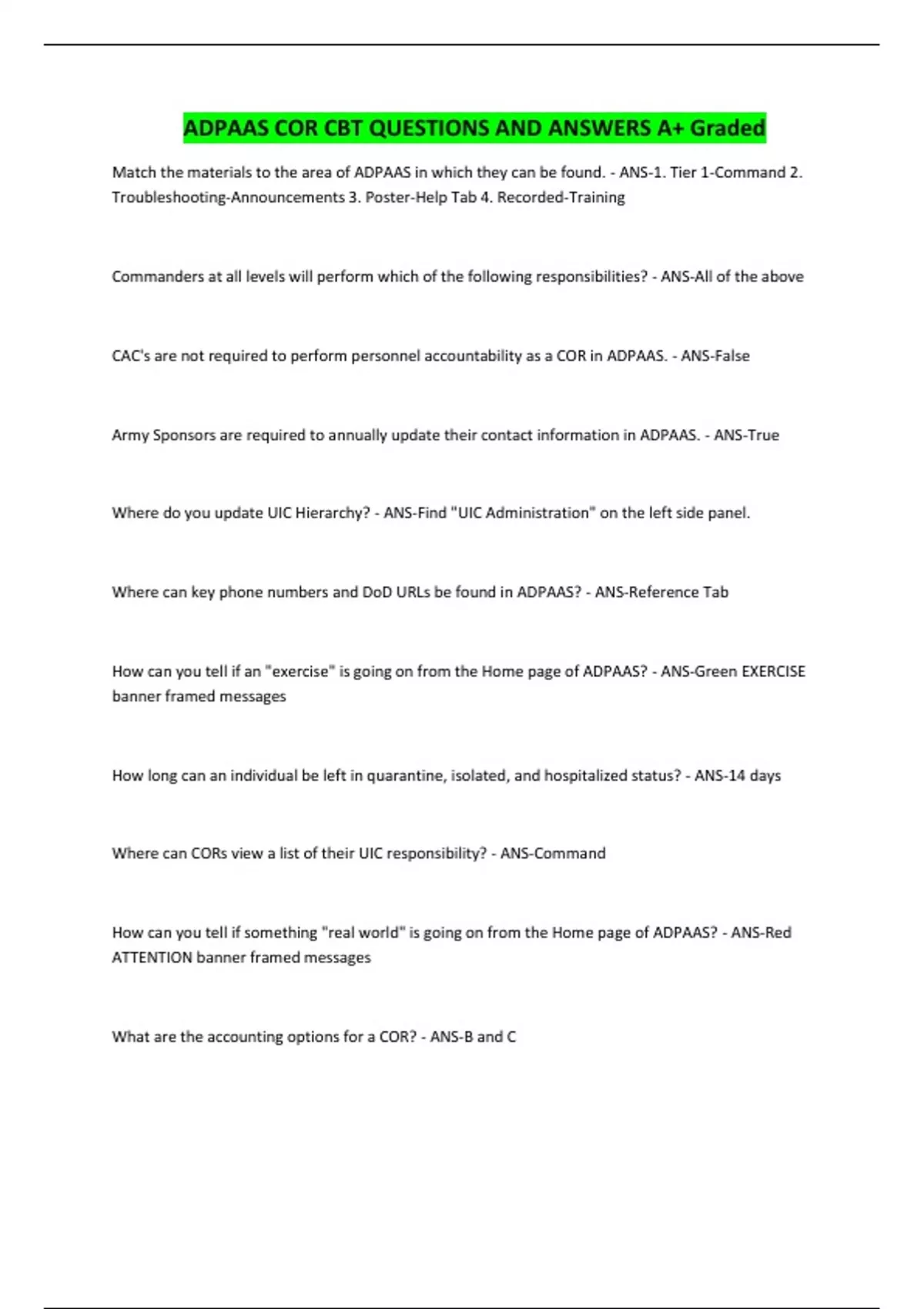 ADPAAS COR CBT QUESTIONS AND ANSWERS A+ Graded - ADPAAS COR CBT - Stuvia US