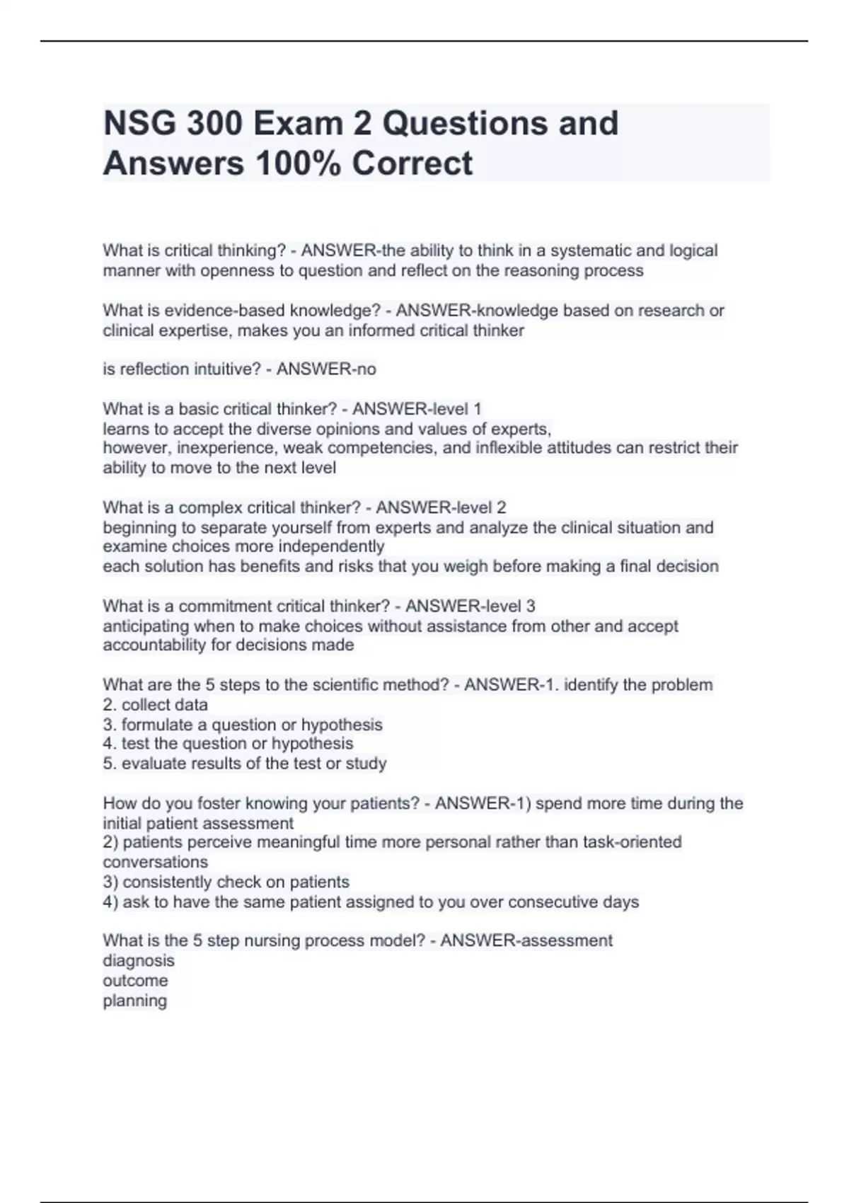NSG 300 Exam 2 Questions and Answers 100% Correct - NSG 300 - Stuvia US