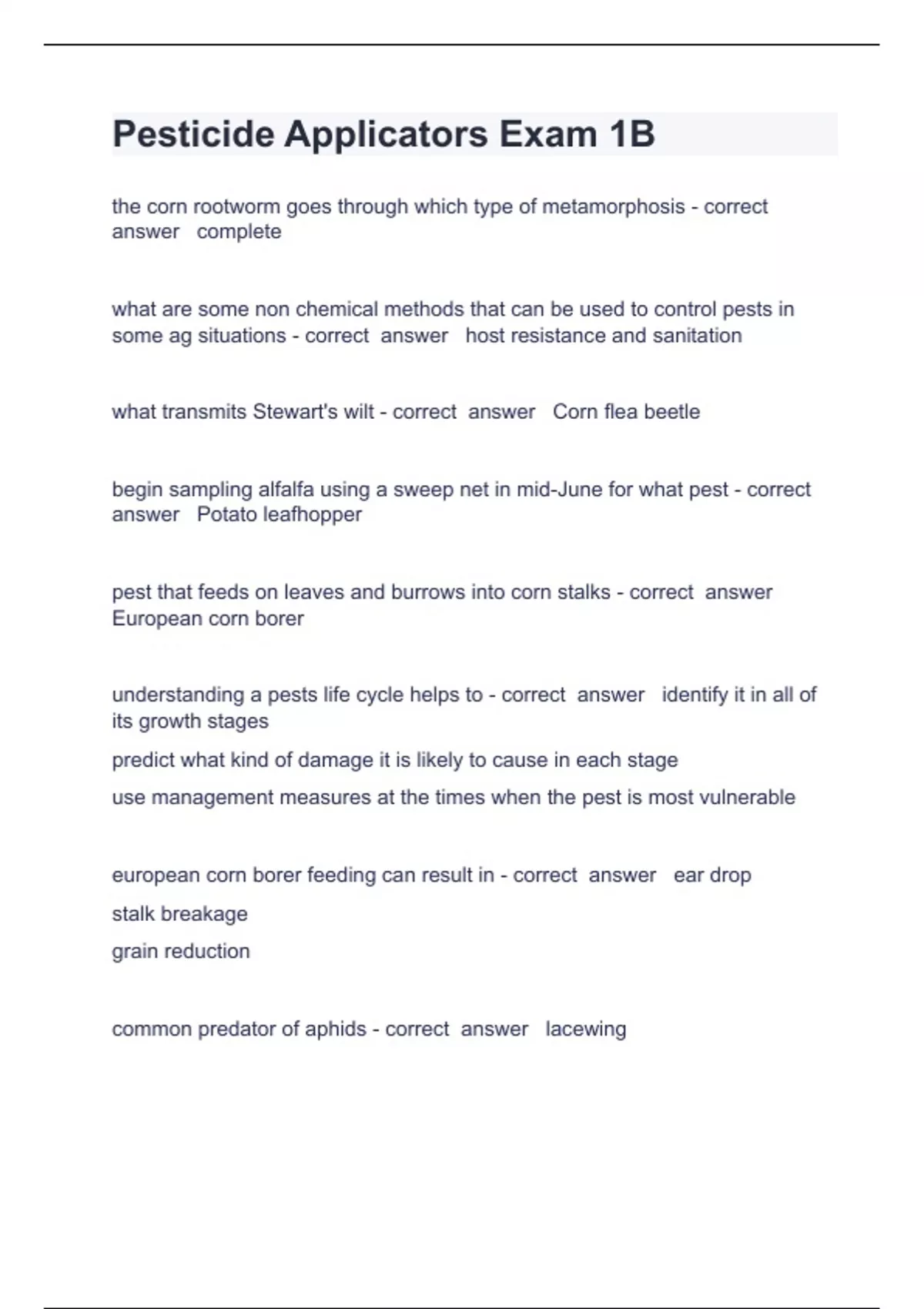 Pesticide Applicators Exam 1B questions and answers certifid 2024