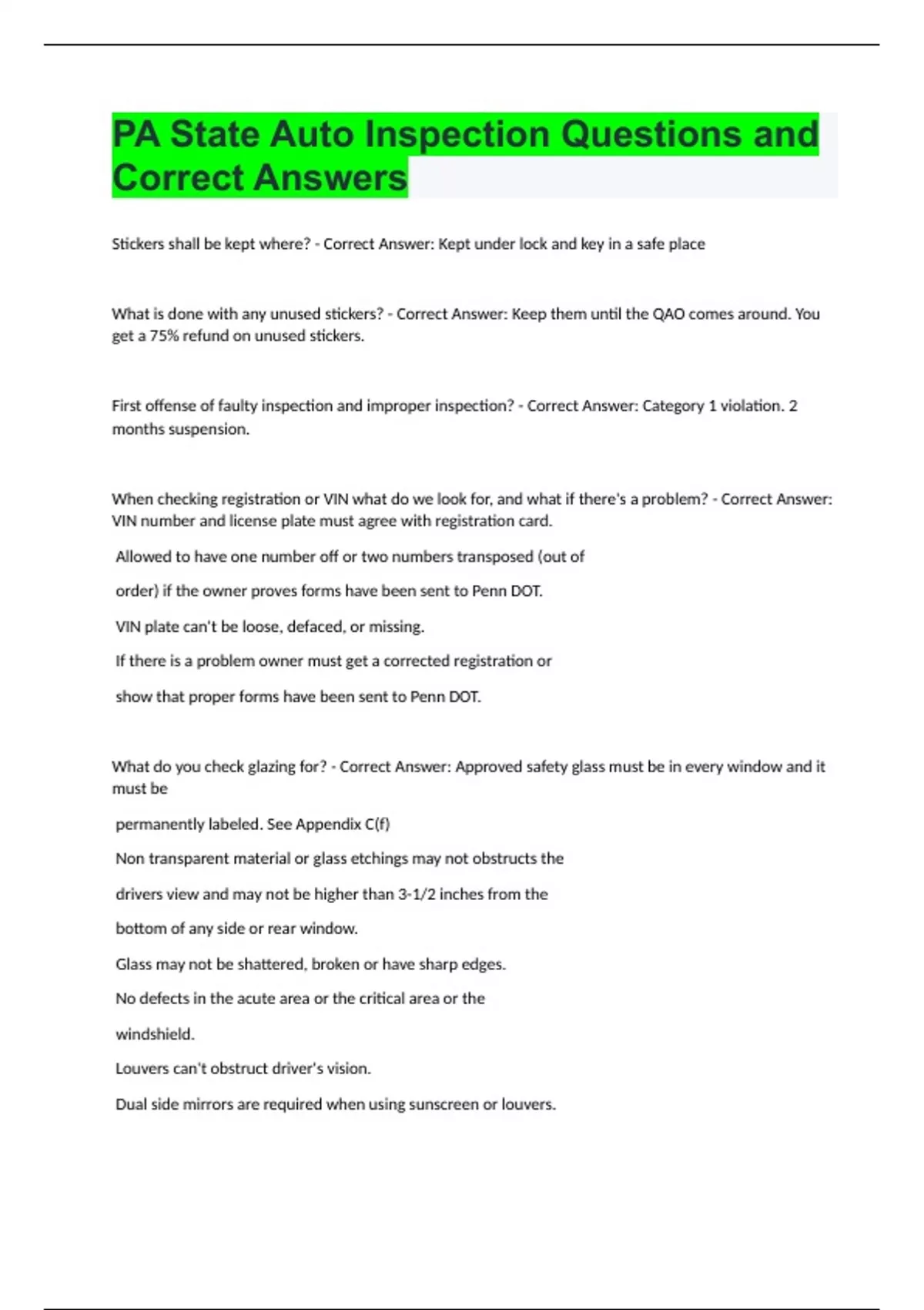 PA State Auto Inspection Questions and Correct Answers - Inspection ...