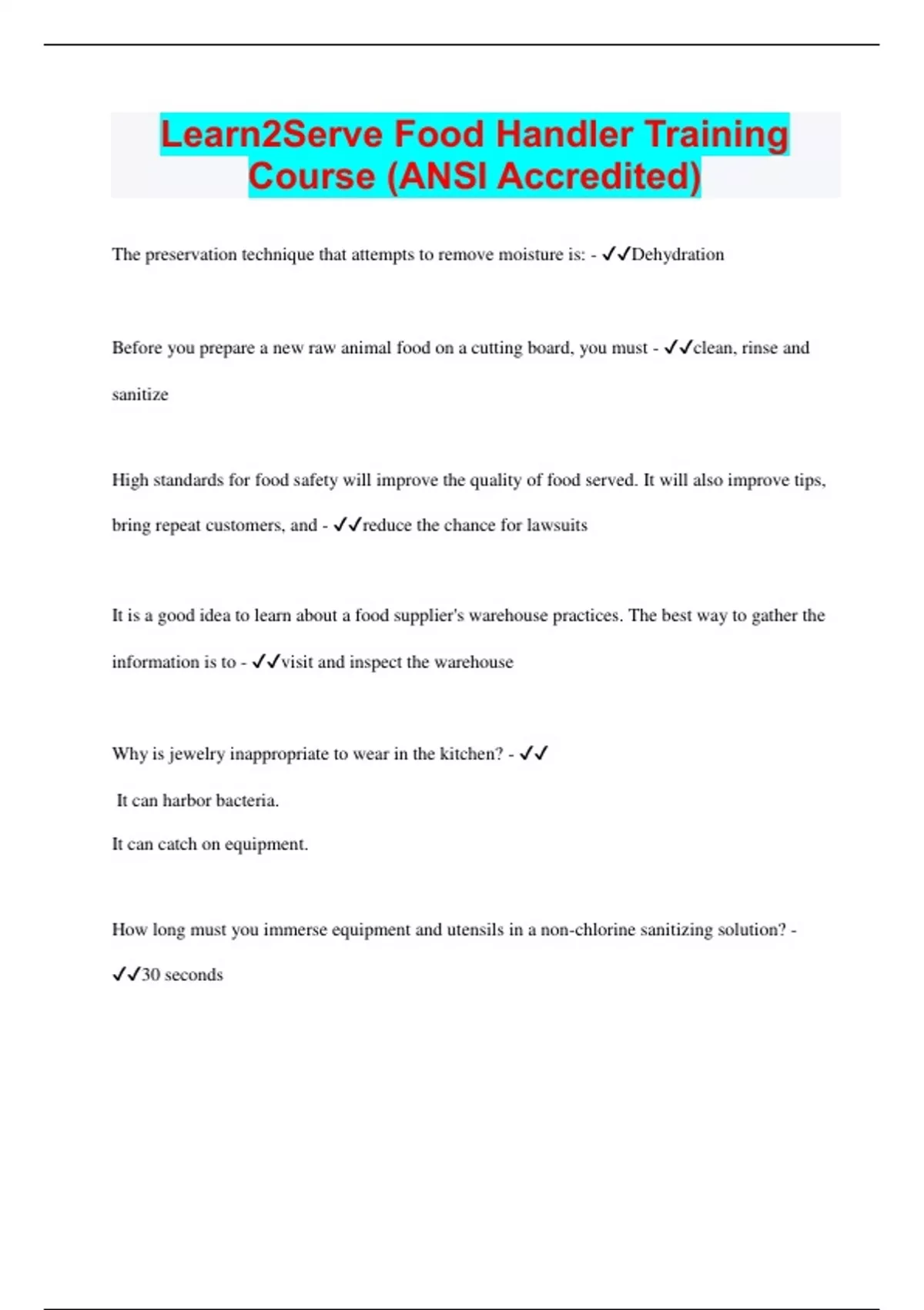 Learn2Serve Food Handler Training Course (ANSI Accredited) | Questions ...