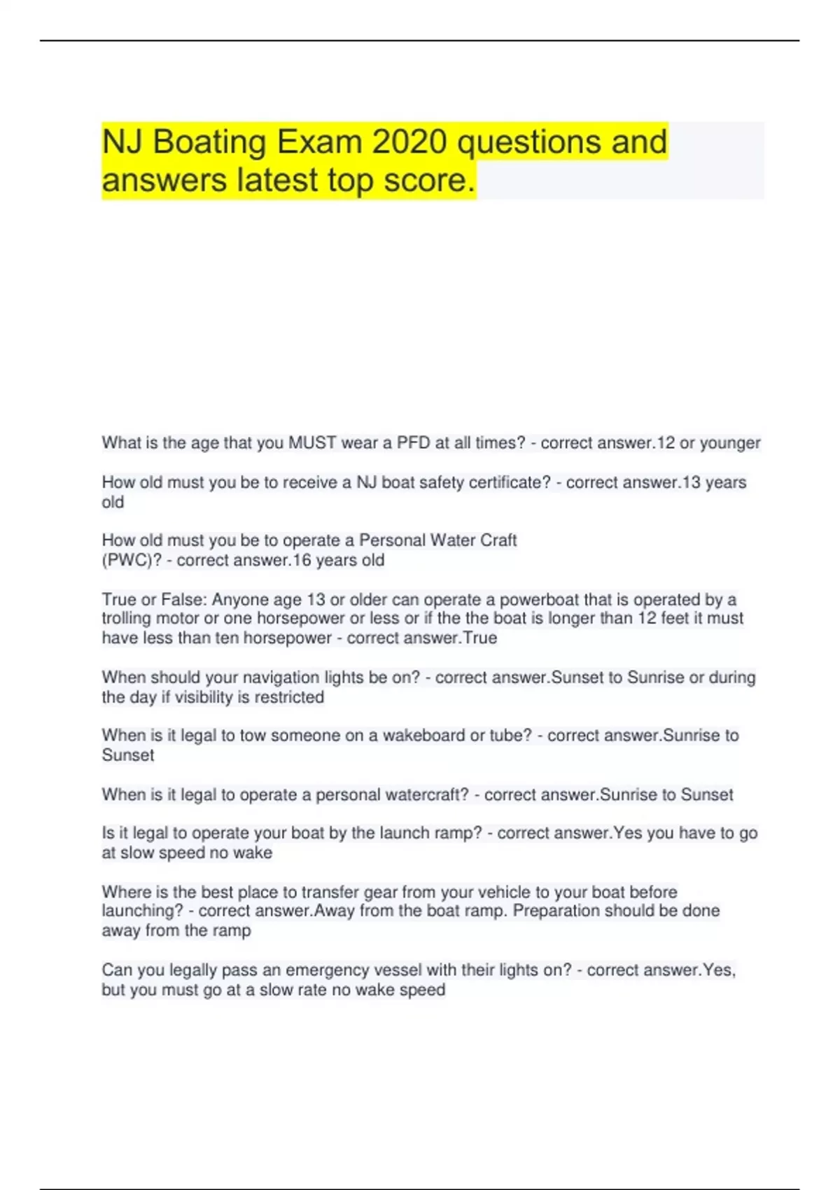 NJ Boating Exam 2020 questions and answers latest top score. NJ