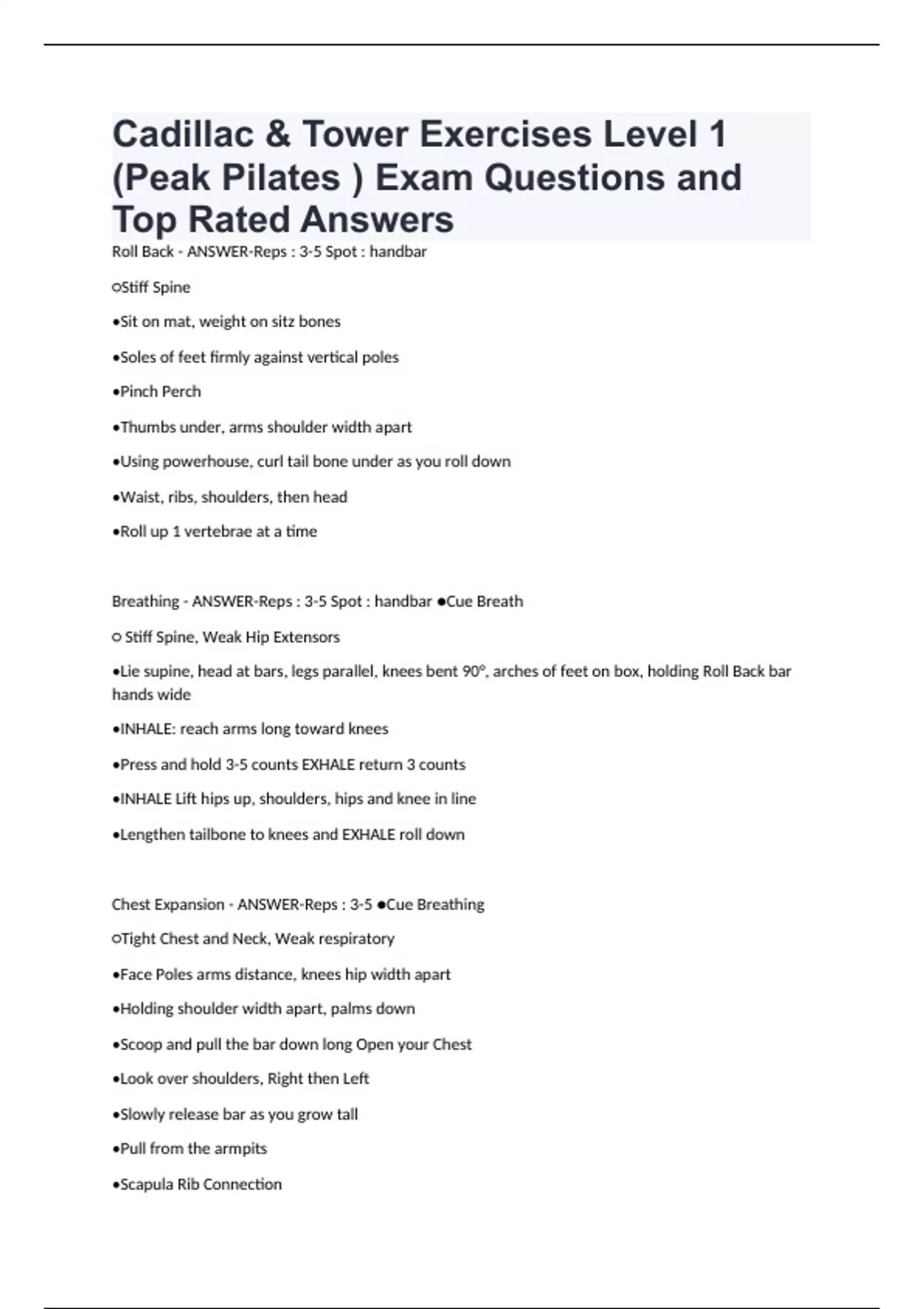 Cadillac & Tower Exercises Level 1 (Peak Pilates ) Exam Questions and