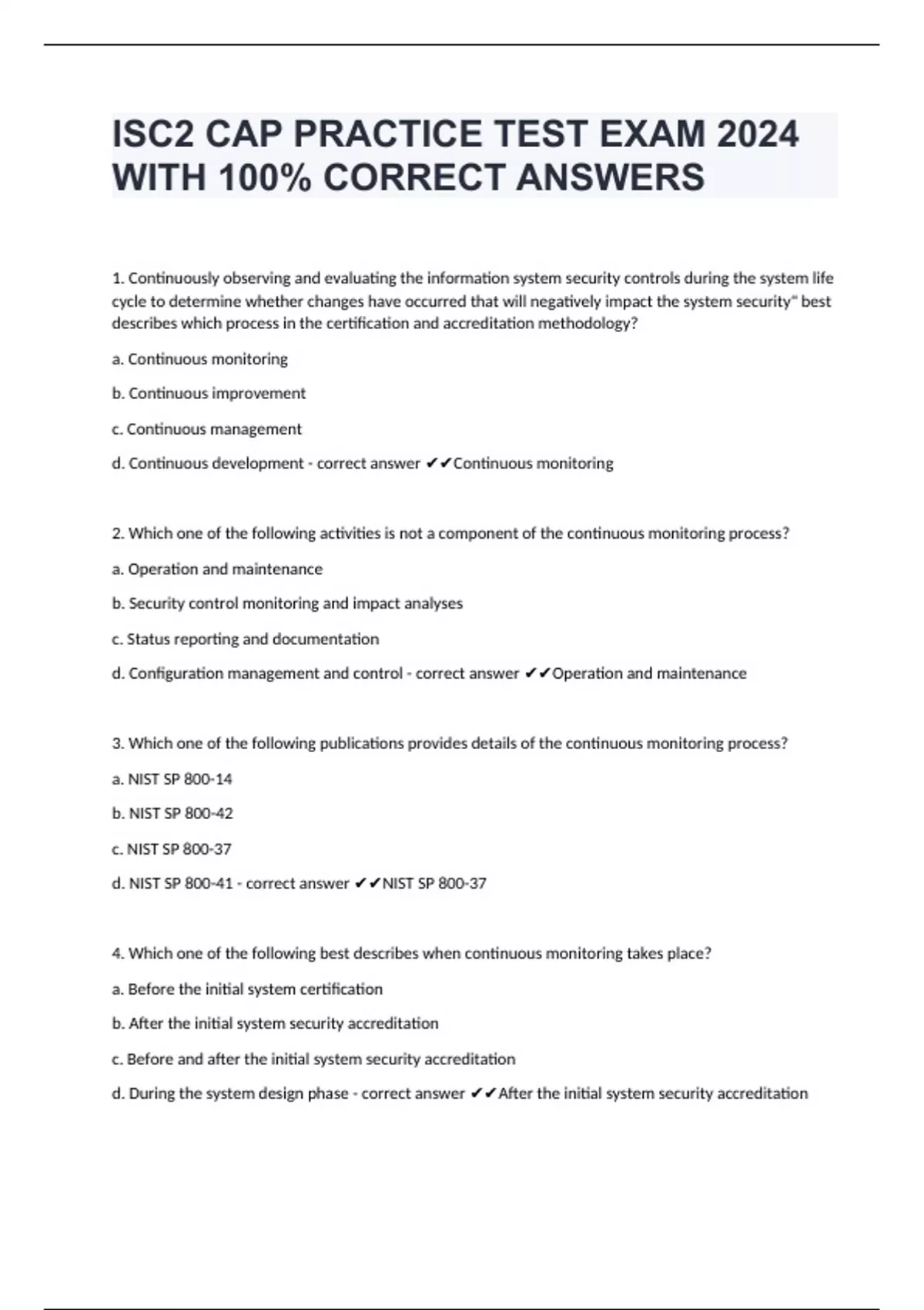 ISC2 CAP PRACTICE TEST EXAM 2024 WITH 100 CORRECT ANSWERS ISC2 CAP