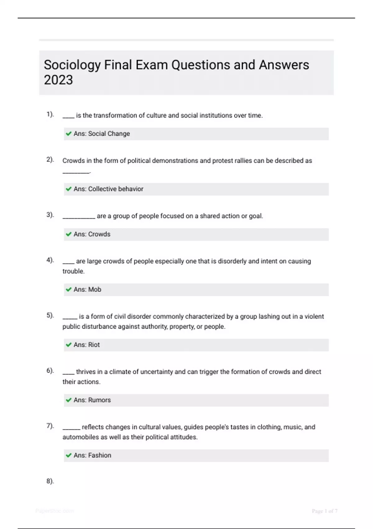 Sociology Final Exam Questions and Answers 2023 - NURSING 706 - Stuvia US