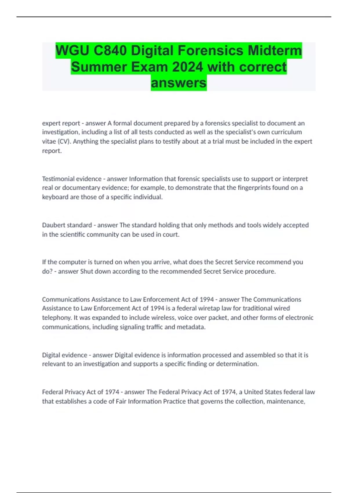 WGU C840 Digital Forensics Midterm Summer Exam 2024 with correct