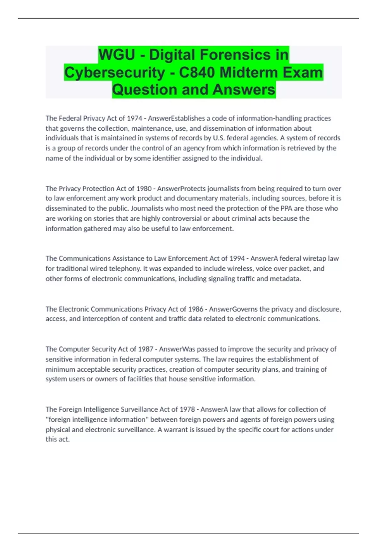 WGU Digital Forensics in Cybersecurity C840 Midterm Exam Question