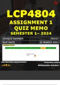 LCP4804 ASSIGNMENT 1 QUIZ MEMO - SEMESTER 1 - 2024 UNISA – DUE DATE: - 25 MARCH 2024 (DISTINCTION GUARANTEED!)  BOOST YOUR YEAR MARK BY GETTING A DISTINCTION (100%) FOR YOUR QUIZ