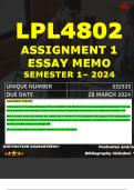 LPL4802 ASSIGNMENT 1 MEMO - SEMESTER 1 - 2024 UNISA – DUE DATE: - 28 MARCH 2024 (DETAILED ANSWERS WITH FOOTNOTES AND A BIBLIOGRAPHY - DISTINCTION GUARANTEED!)
