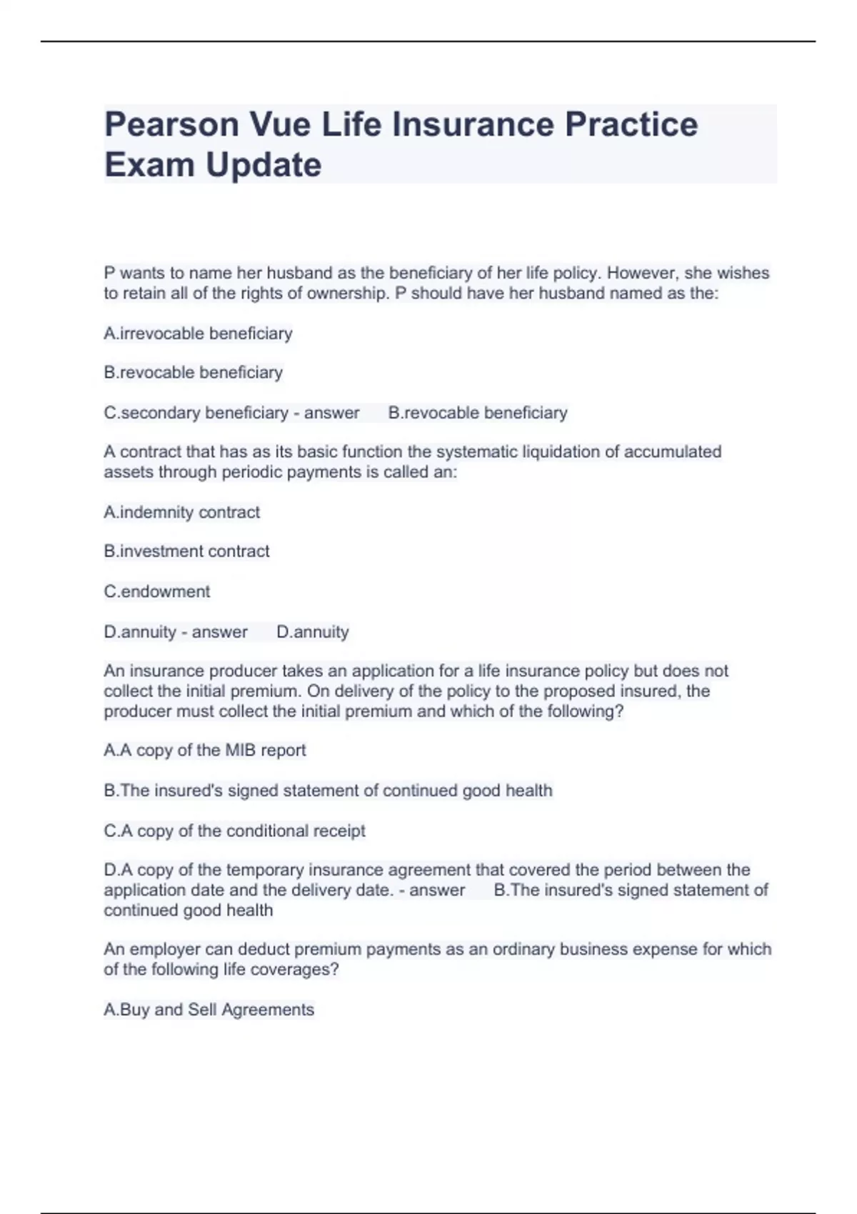 Pearson Vue Life Insurance Practice Exam Update Questions with correct