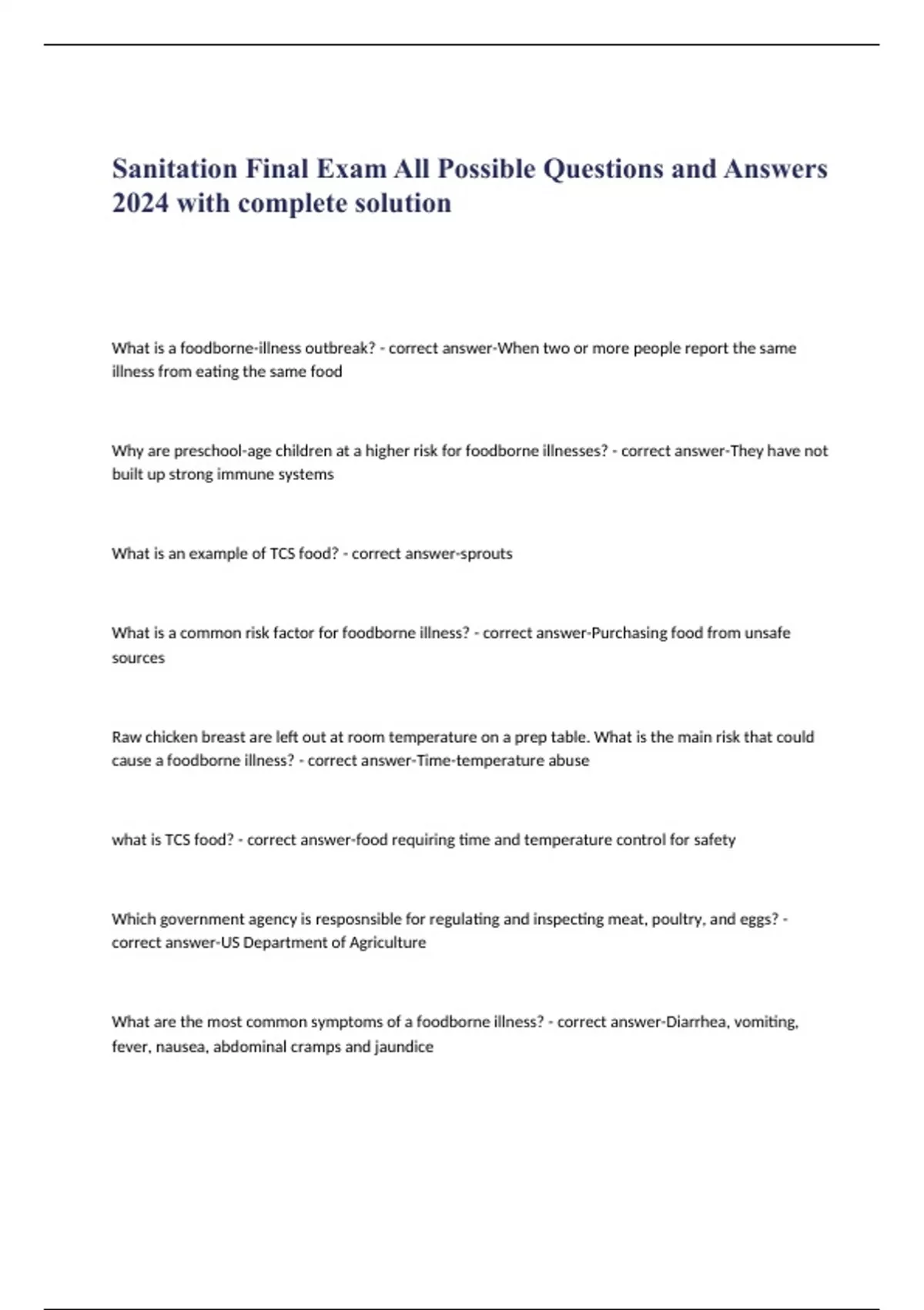 Sanitation Final Exam All Possible Questions and Answers 2024 with