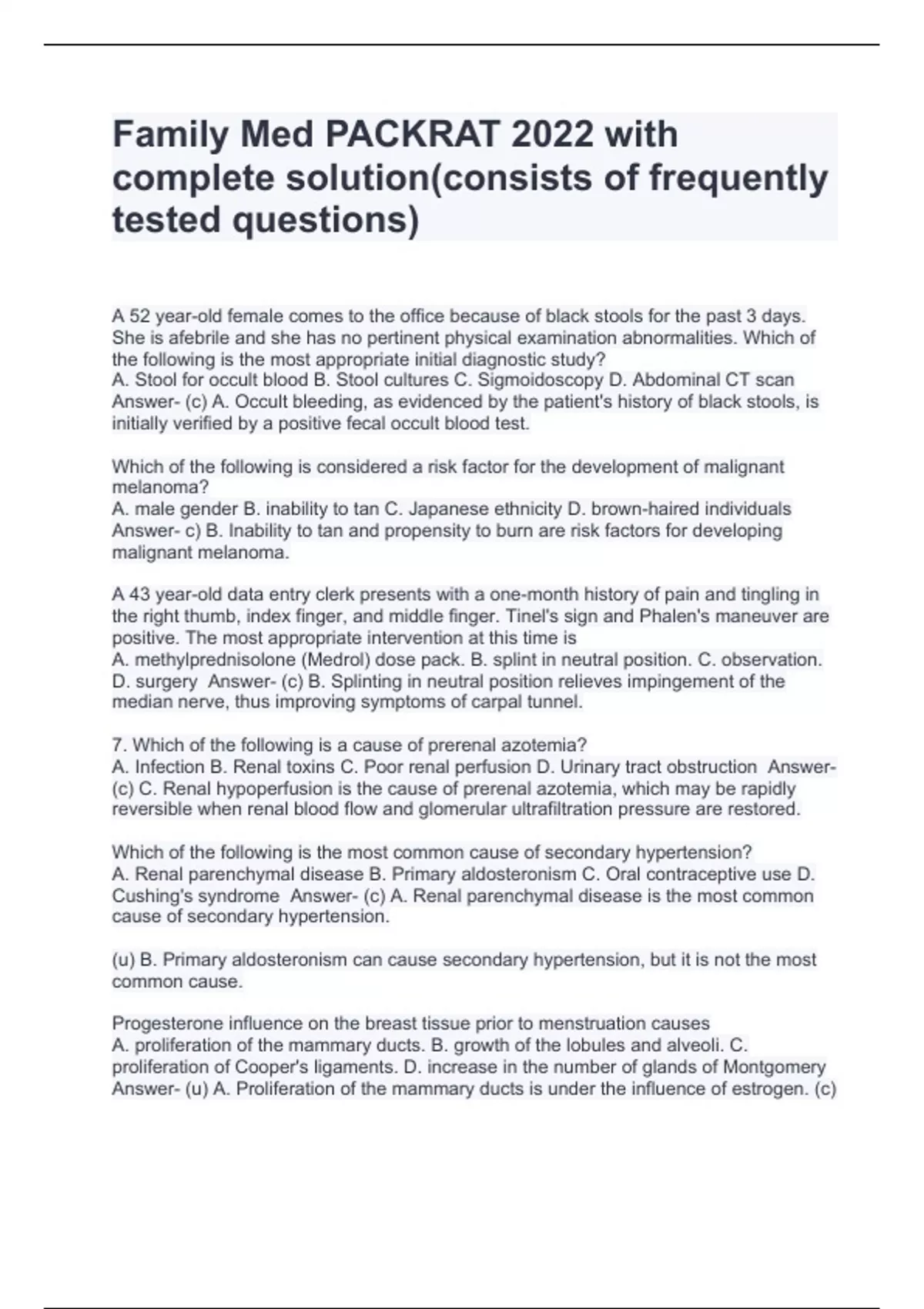 FAMILY MED PACKRAT 2024 ACTUAL QUESTIONS AND ANSWERS WITH COMPLETE ...