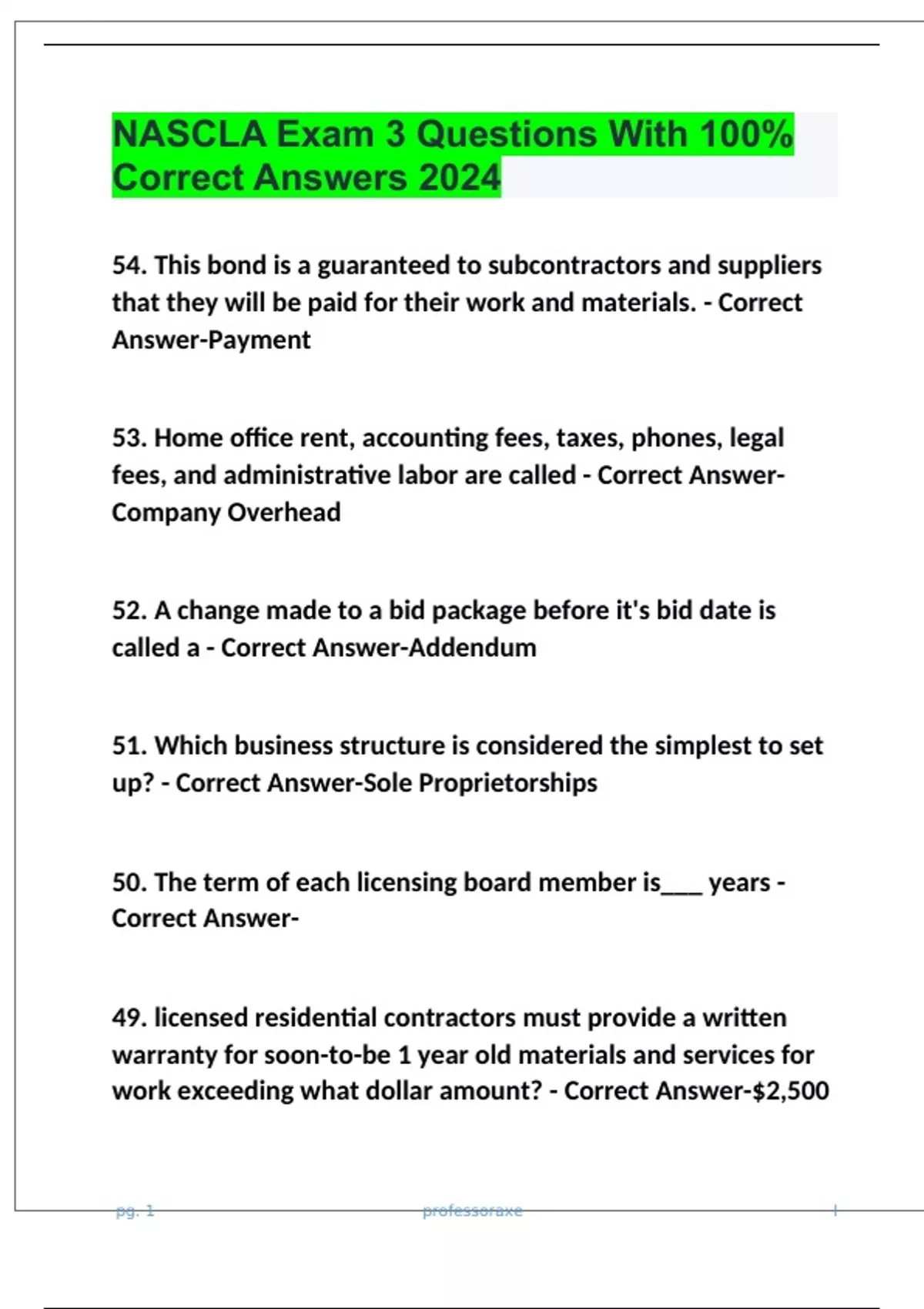 NASCLA Exam 3 Questions With 100% Correct Answers 2024 - NASCLA - Stuvia US
