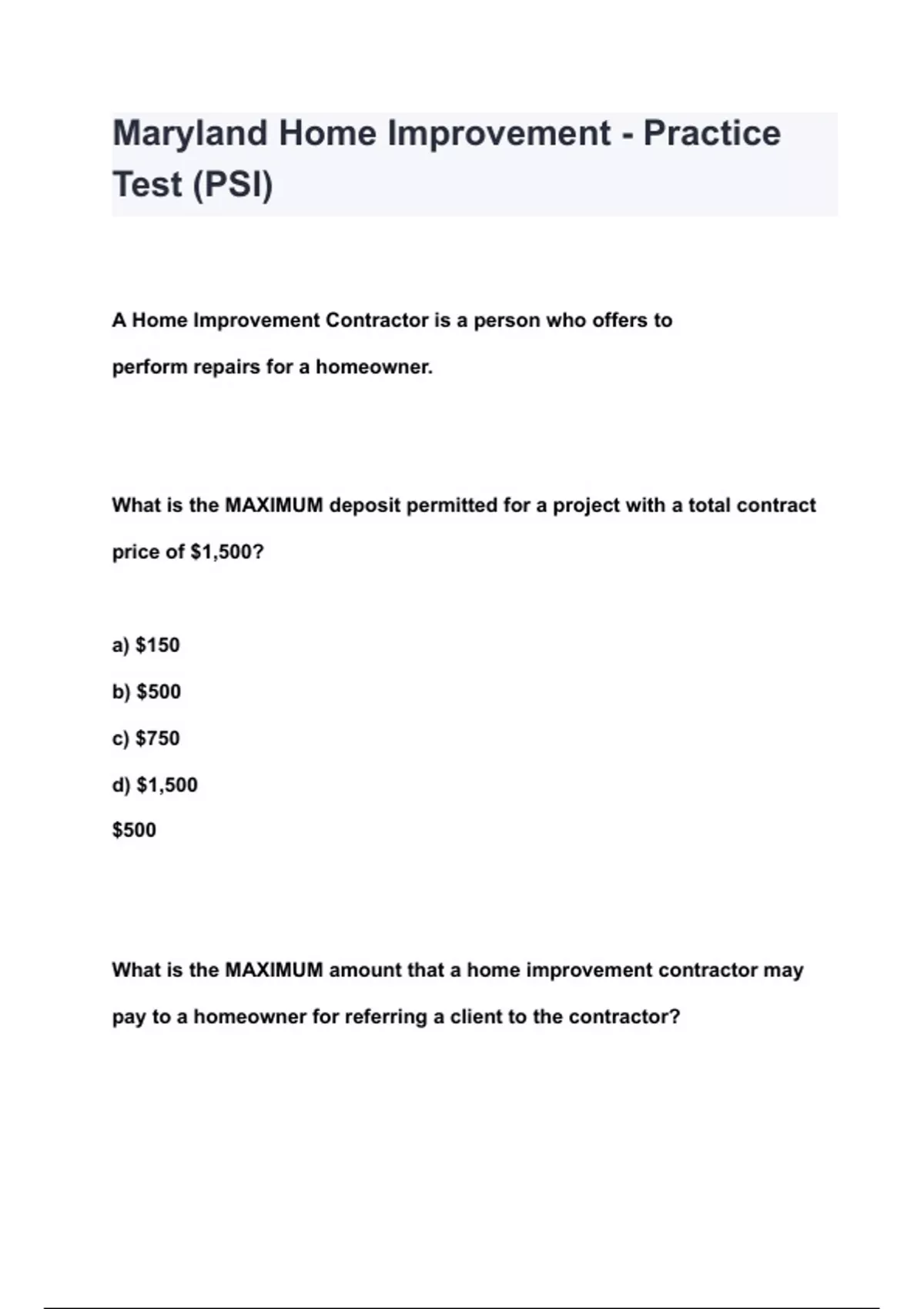 Maryland Home Improvement - Practice Test (PSI) QUESTIONS & ANSWERS ...