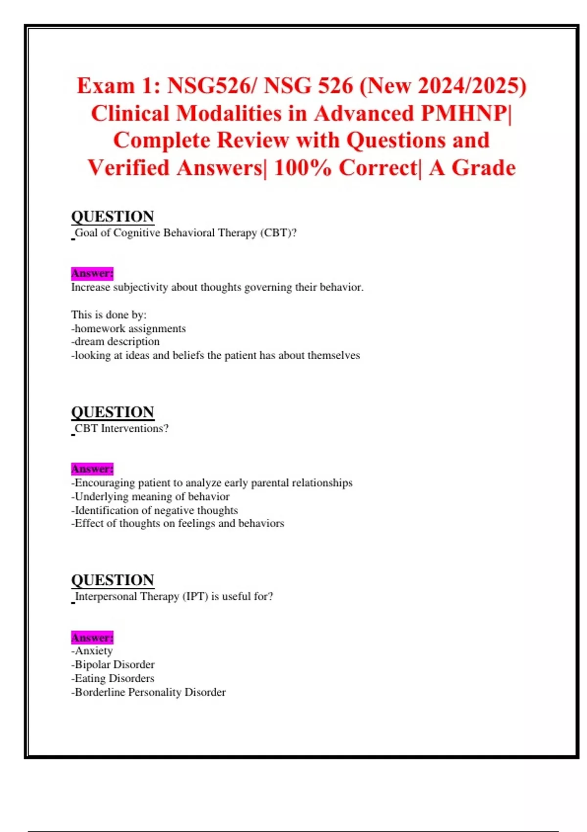 Exam 1: NSG526/ NSG 526 (New 2024/2025) Clinical Modalities in Advanced ...