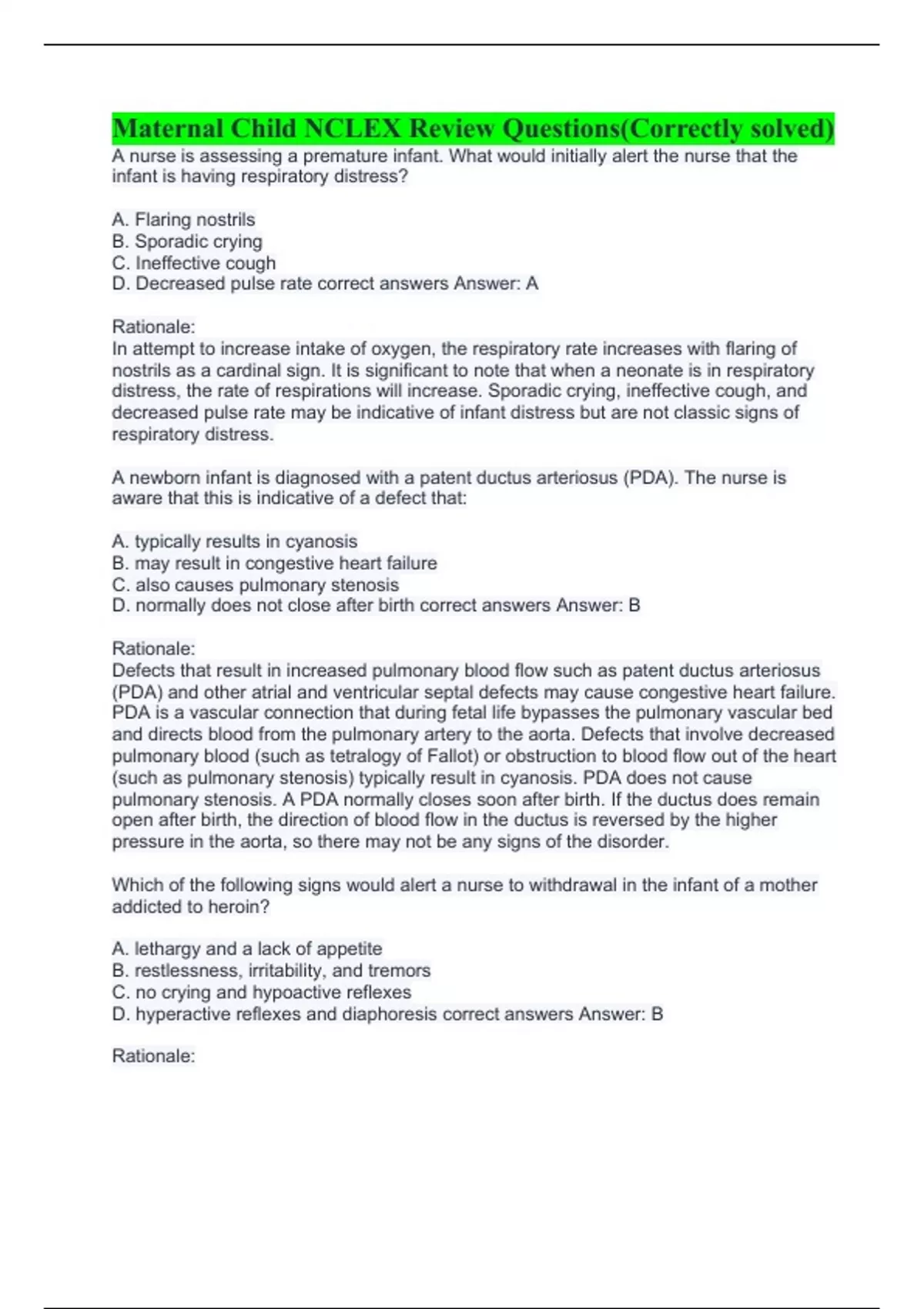 Maternal Child NCLEX Review Questions(Correctly solved) Maternal and