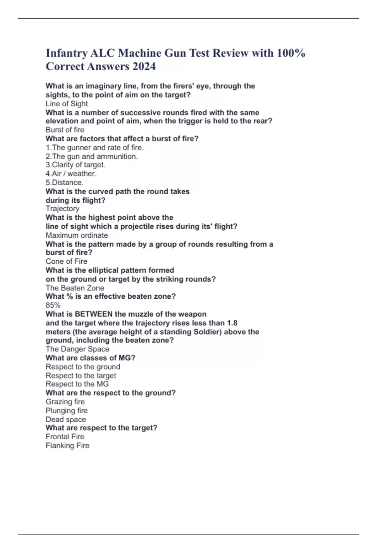 Infantry ALC Machine Gun Test Review with 100 Correct Answers 2024