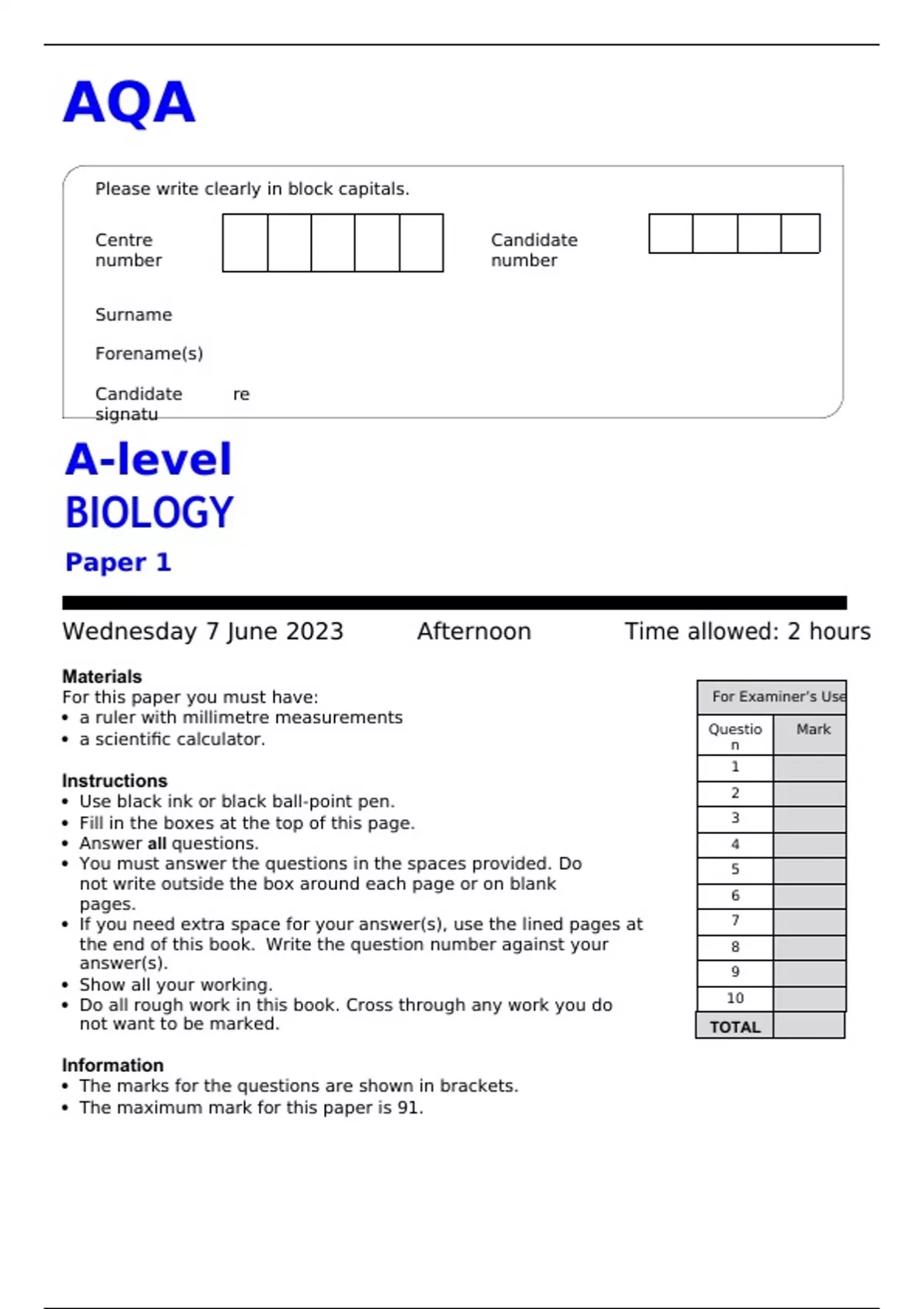 AQA A LEVEL BIOLOGY PAPER 1 2025 ORIGINAL QUESTIONS PAPER - AQA A LEVEL ...
