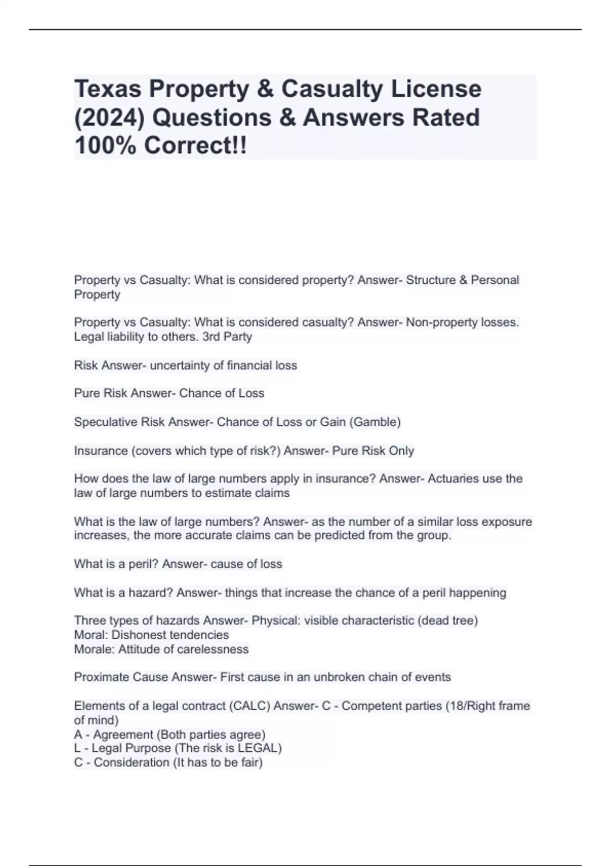 Texas Property & Casualty License (2024) Questions & Answers Rated 100