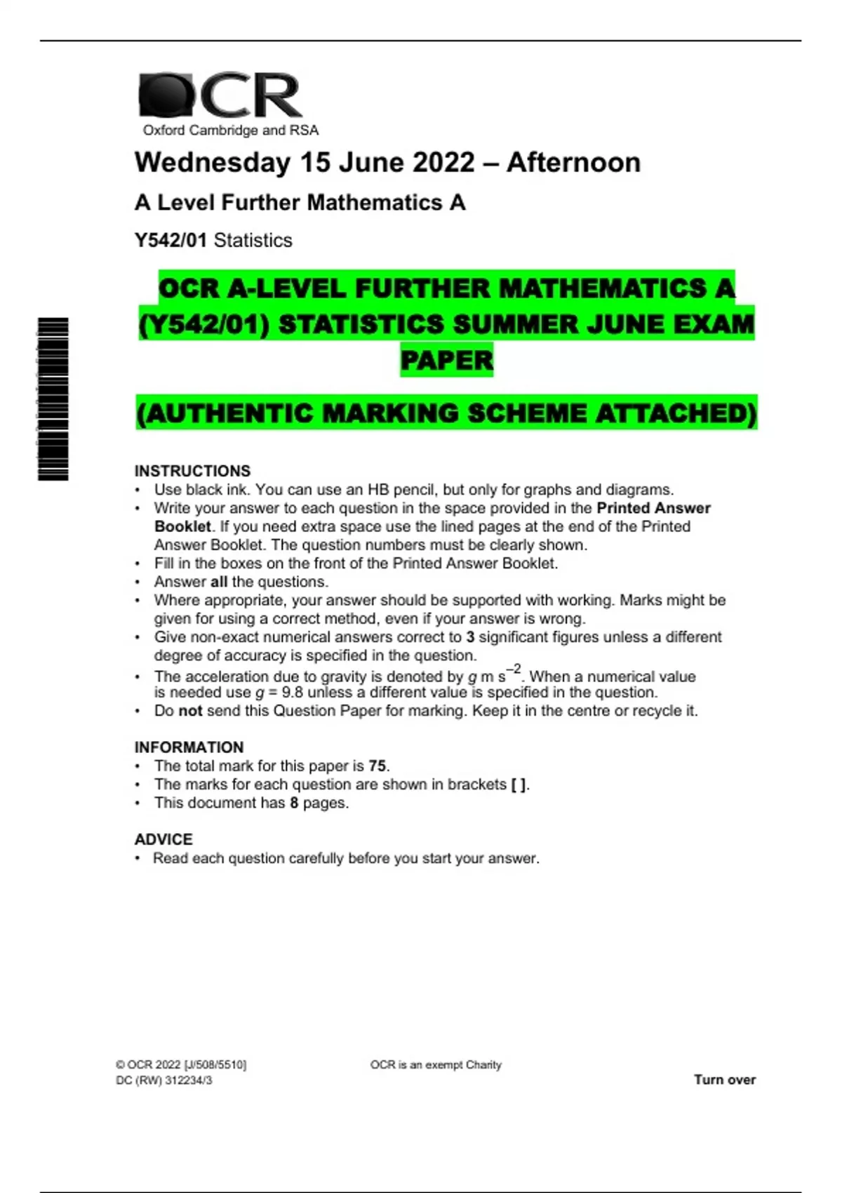 OCR A-LEVEL FURTHER MATHEMATICS A (Y542/01) STATISTICS SUMMER JUNE EXAM ...