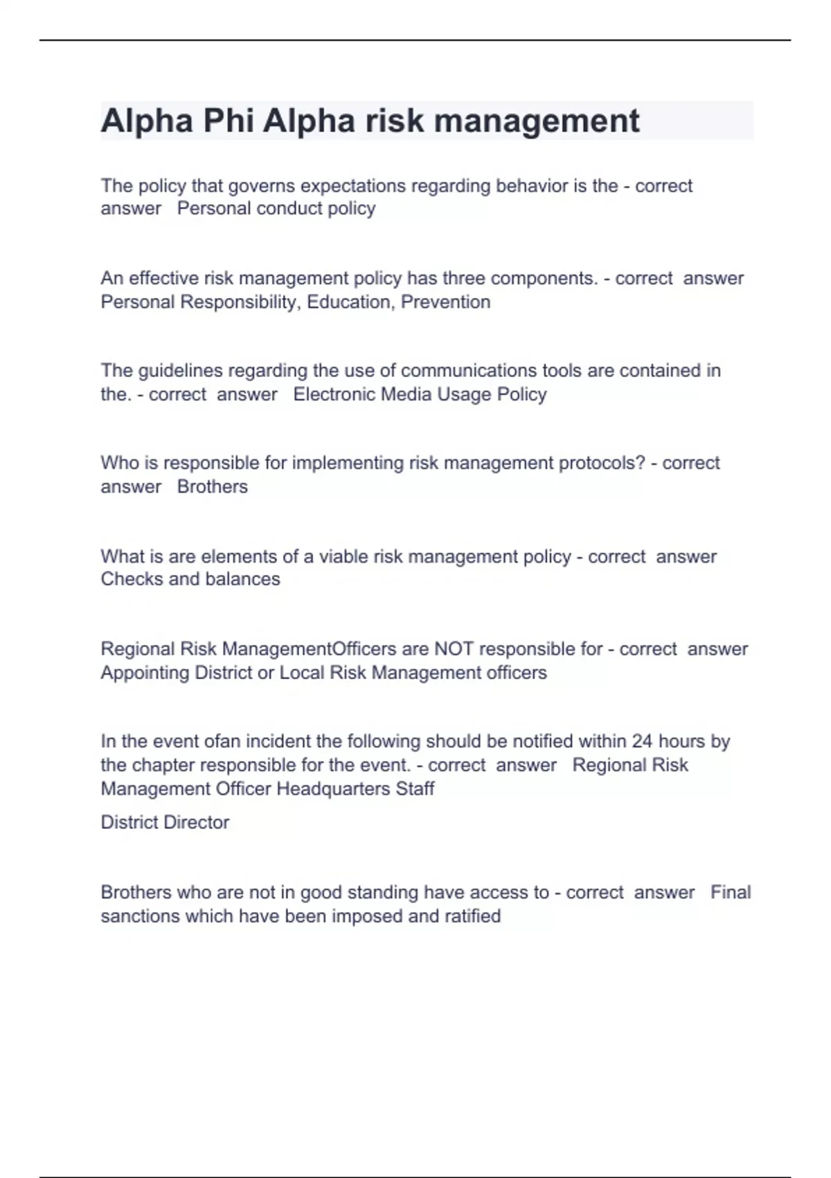 Alpha Risk Management Llc Alpha Phi Alpha risk management Question and answers 100% correct 2024 ...