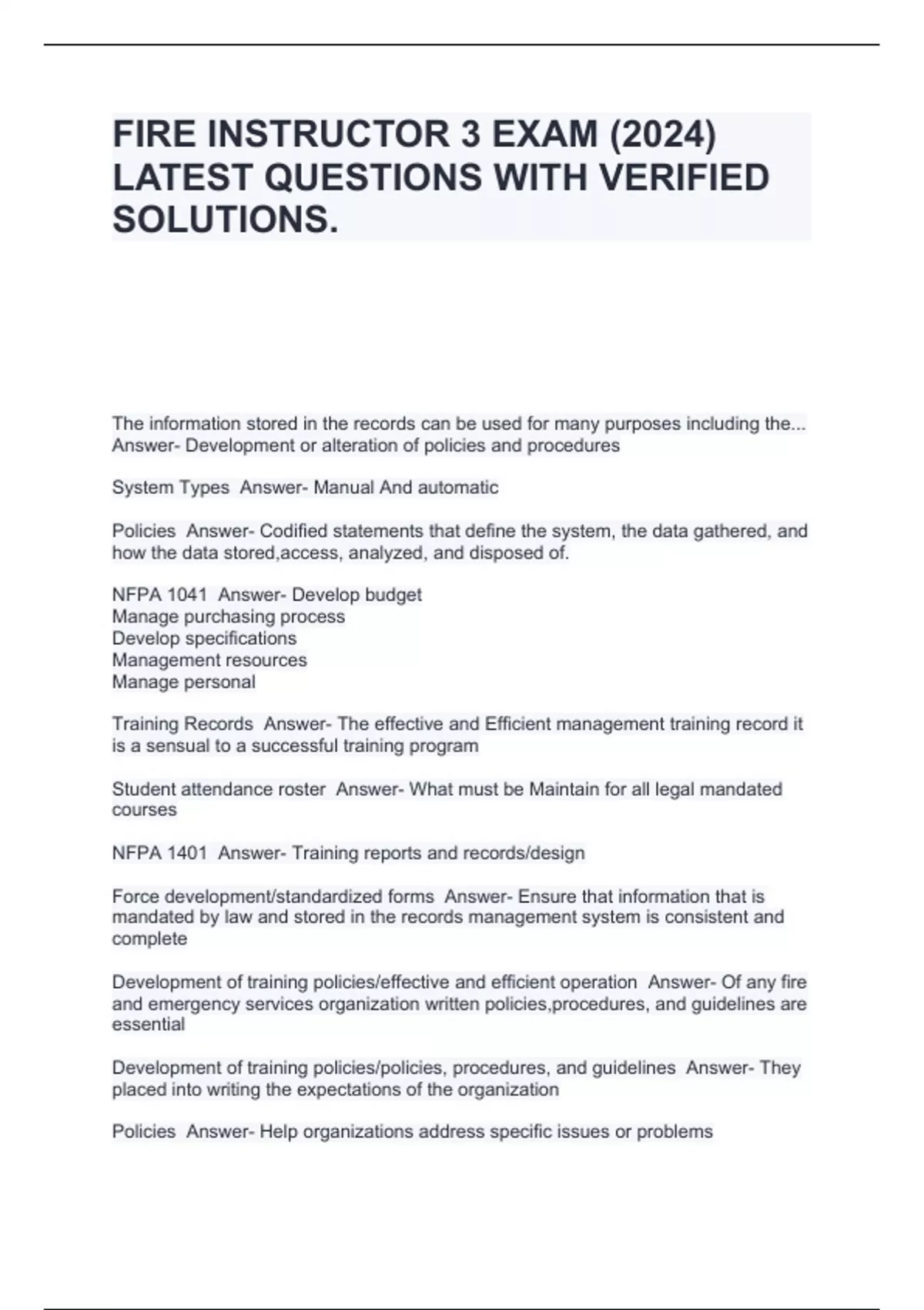 FIRE INSTRUCTOR 3 EXAM (2024) LATEST QUESTIONS WITH VERIFIED SOLUTIONS ...
