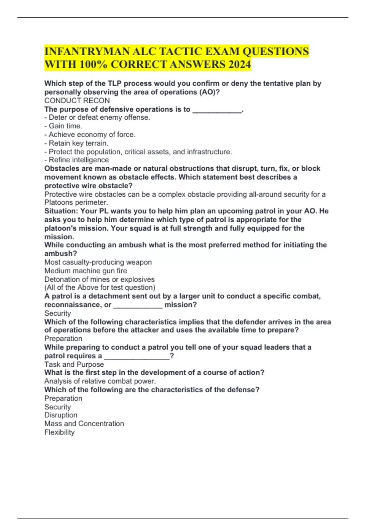 INFANTRYMAN ALC TACTIC EXAM QUESTIONS WITH 100 CORRECT ANSWERS 2024