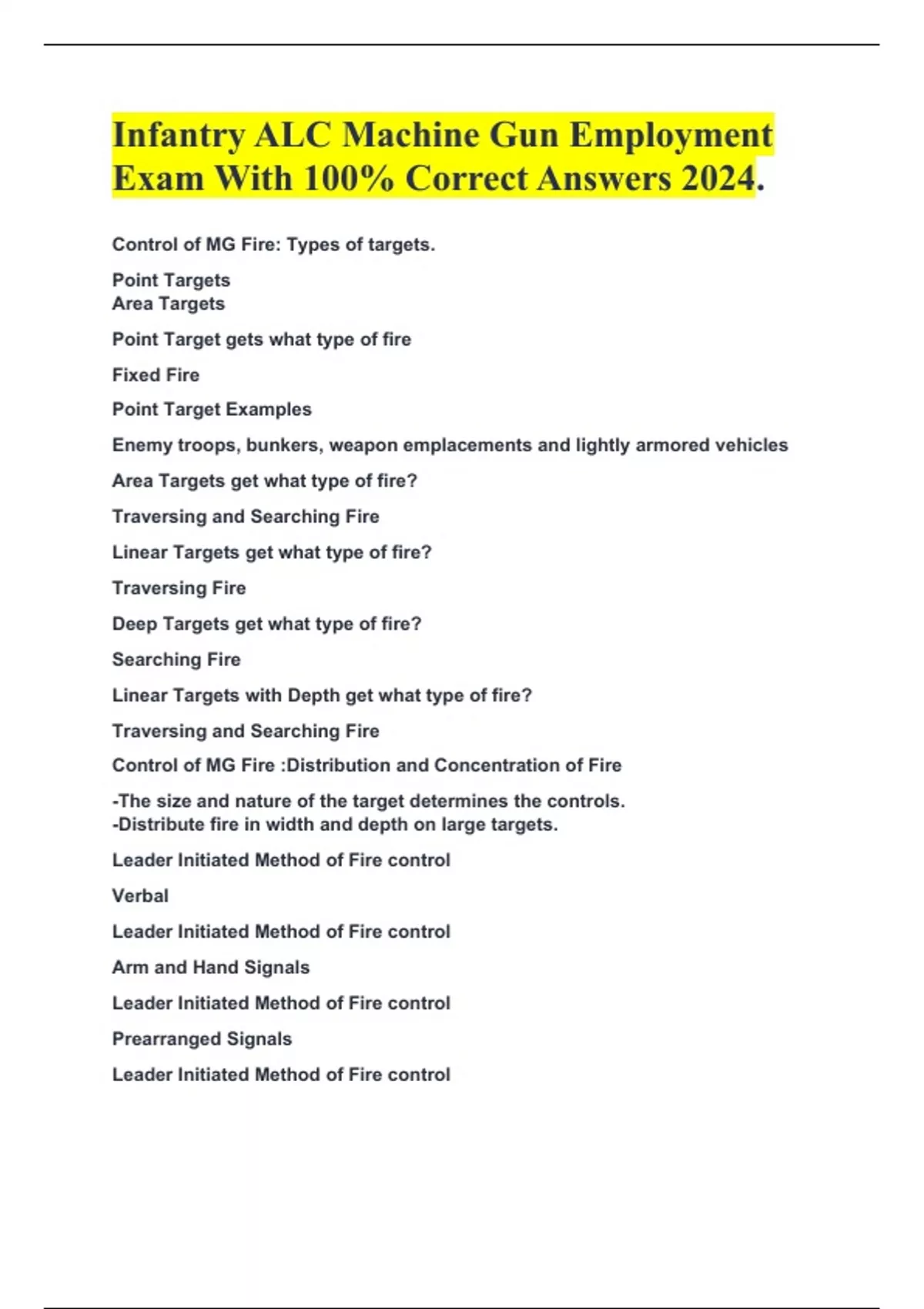 Infantry ALC Machine Gun Employment Exam With 100 Correct Answers 2024