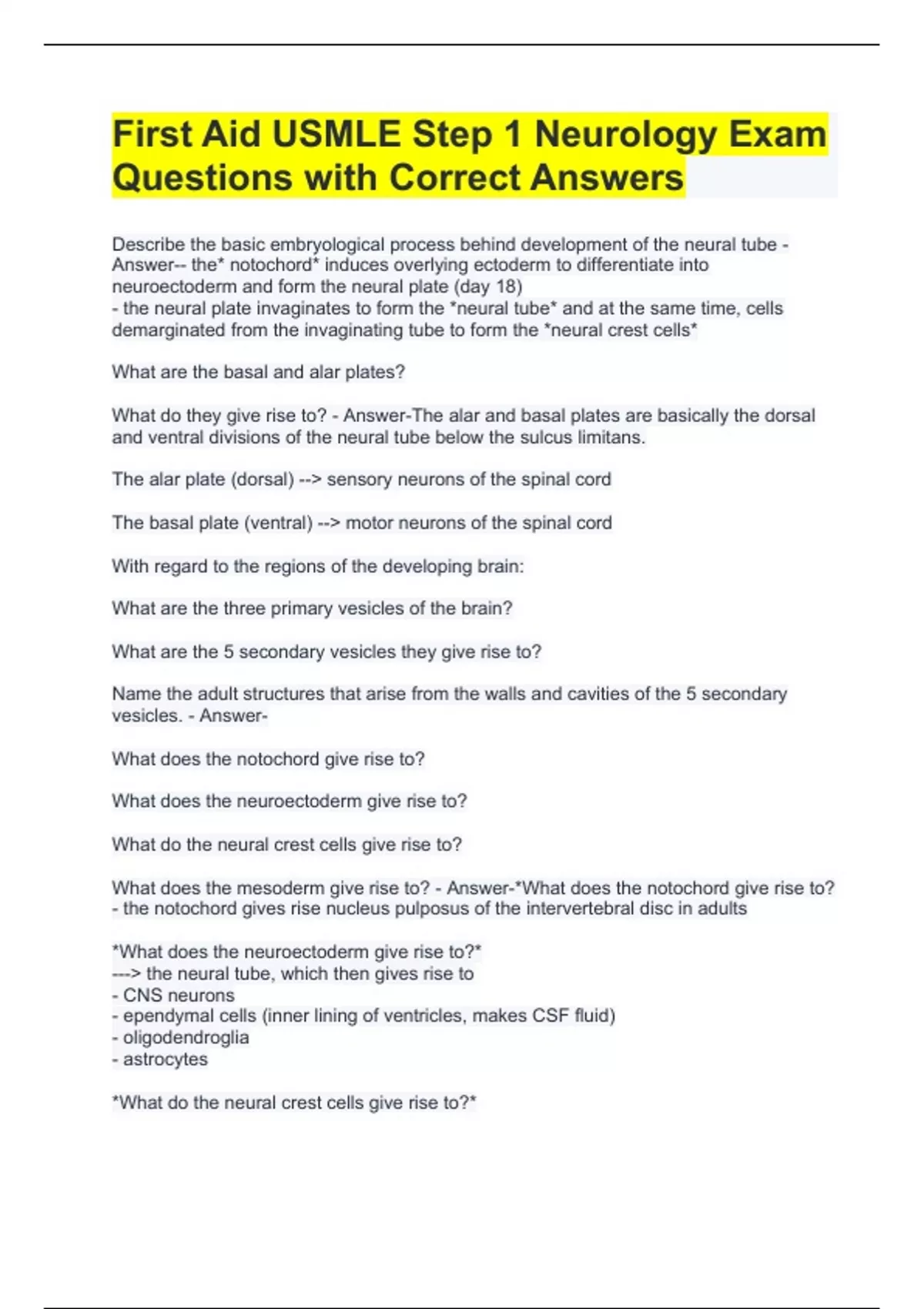 First Aid USMLE Step 1 Neurology Exam Questions with Correct Answers ...
