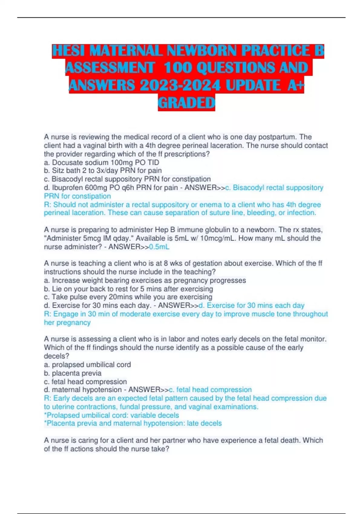 HESI MATERNAL NEWBORN PRACTICE B ASSESSMENT 100 QUESTIONS AND ANSWERS ...
