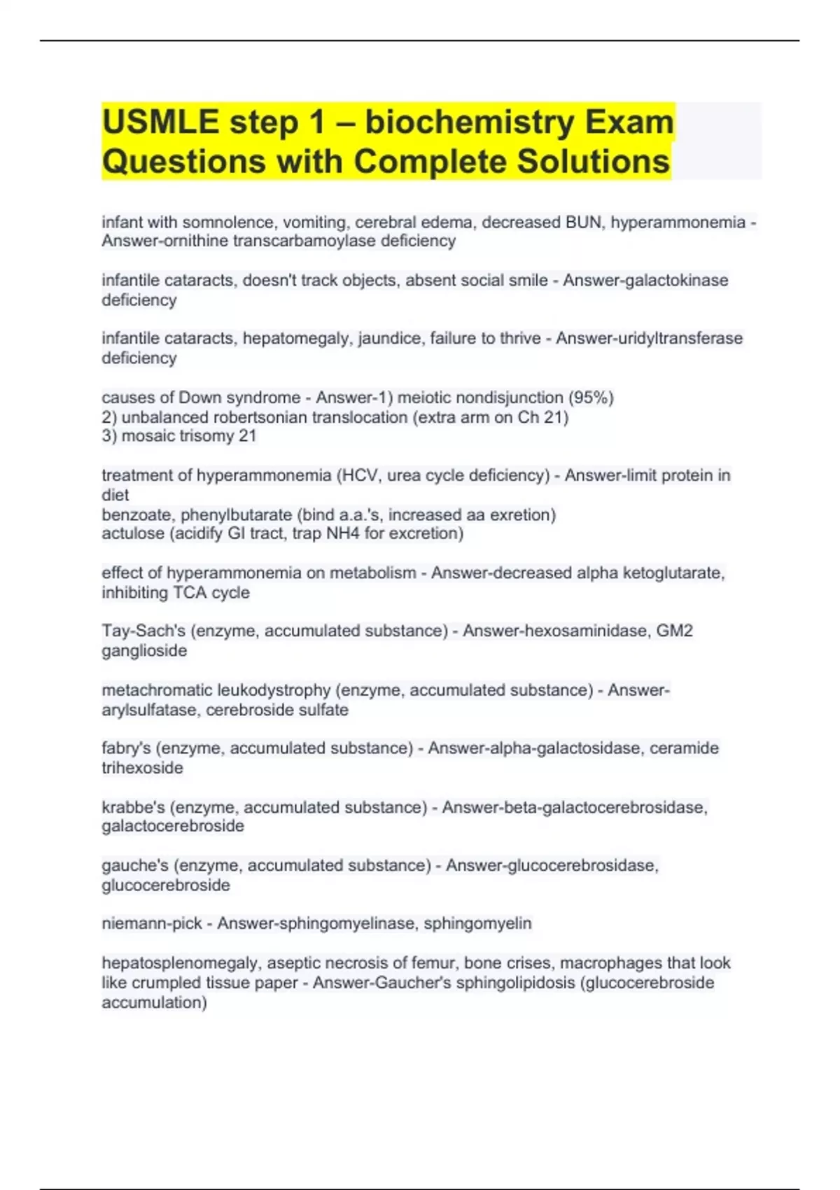 USMLE step 1 – biochemistry Exam Questions with Complete Solutions ...