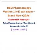 HESI Pharmacology Version 1 (v1) exit exam – Brand New Q&As! Guaranteed Pass w/A+ Actual Screenshots w/Questions & Answers Included!!! (I scored 1162!!!)