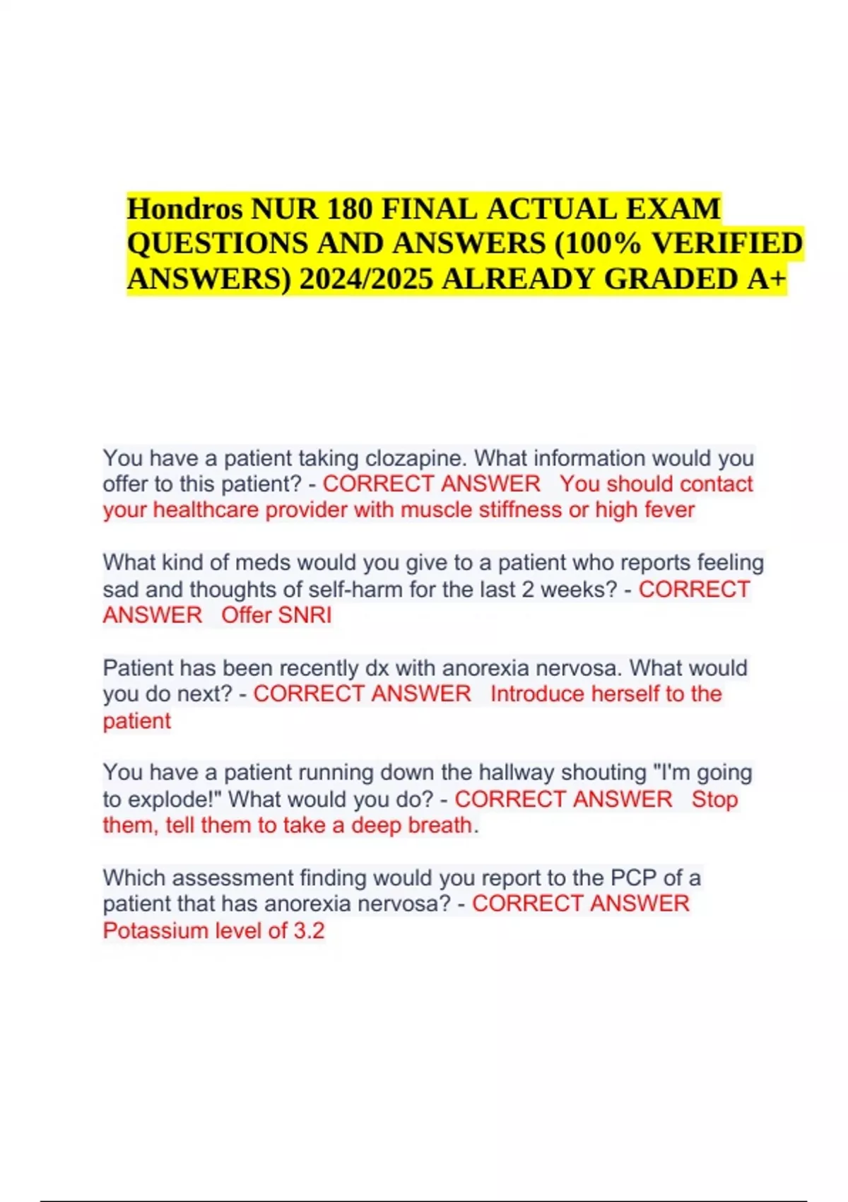 Hondros NUR 180 FINAL ACTUAL EXAM QUESTIONS AND ANSWERS (100% VERIFIED ...