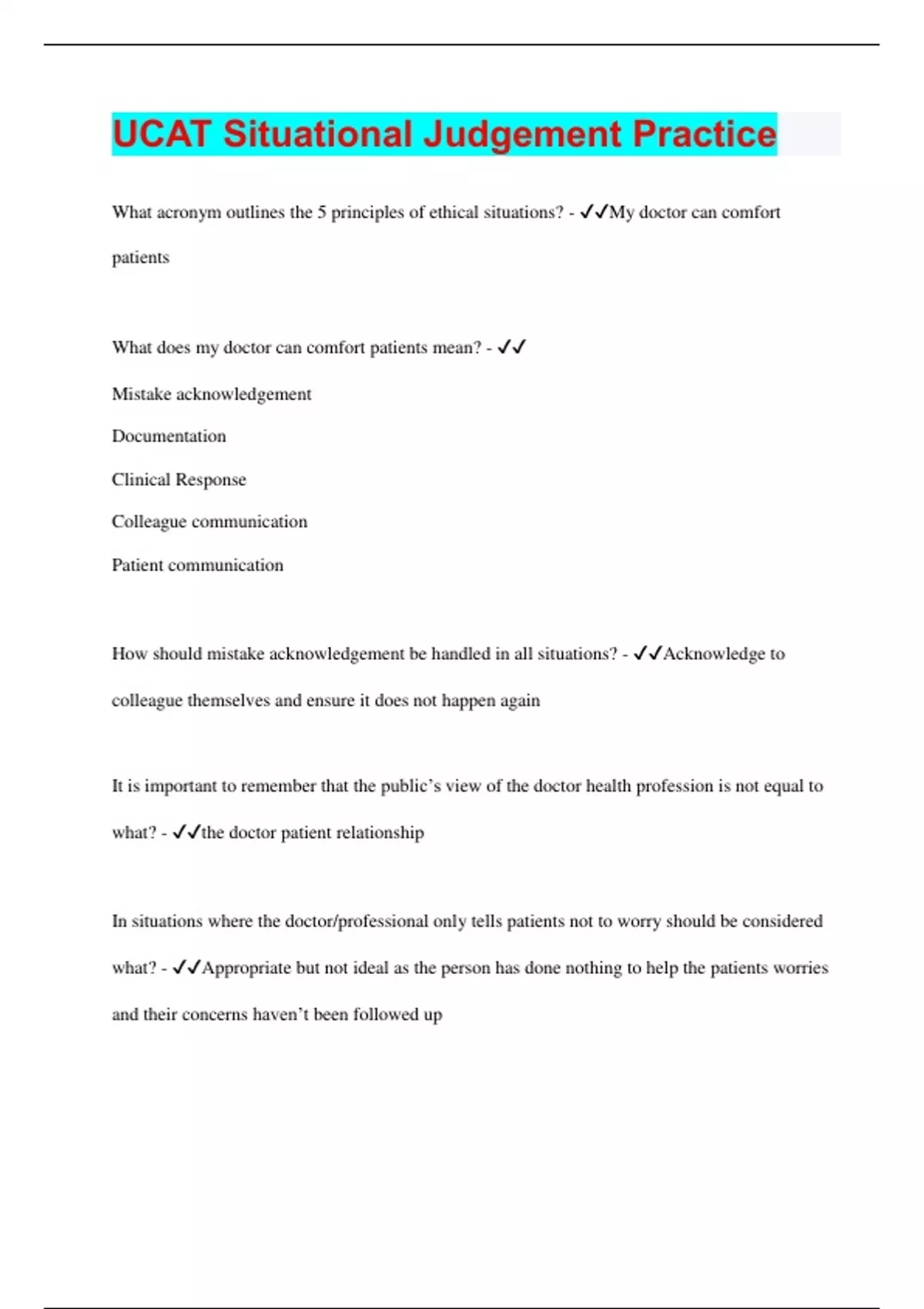 UCAT Situational Judgement Practice Questions with 100 Correct
