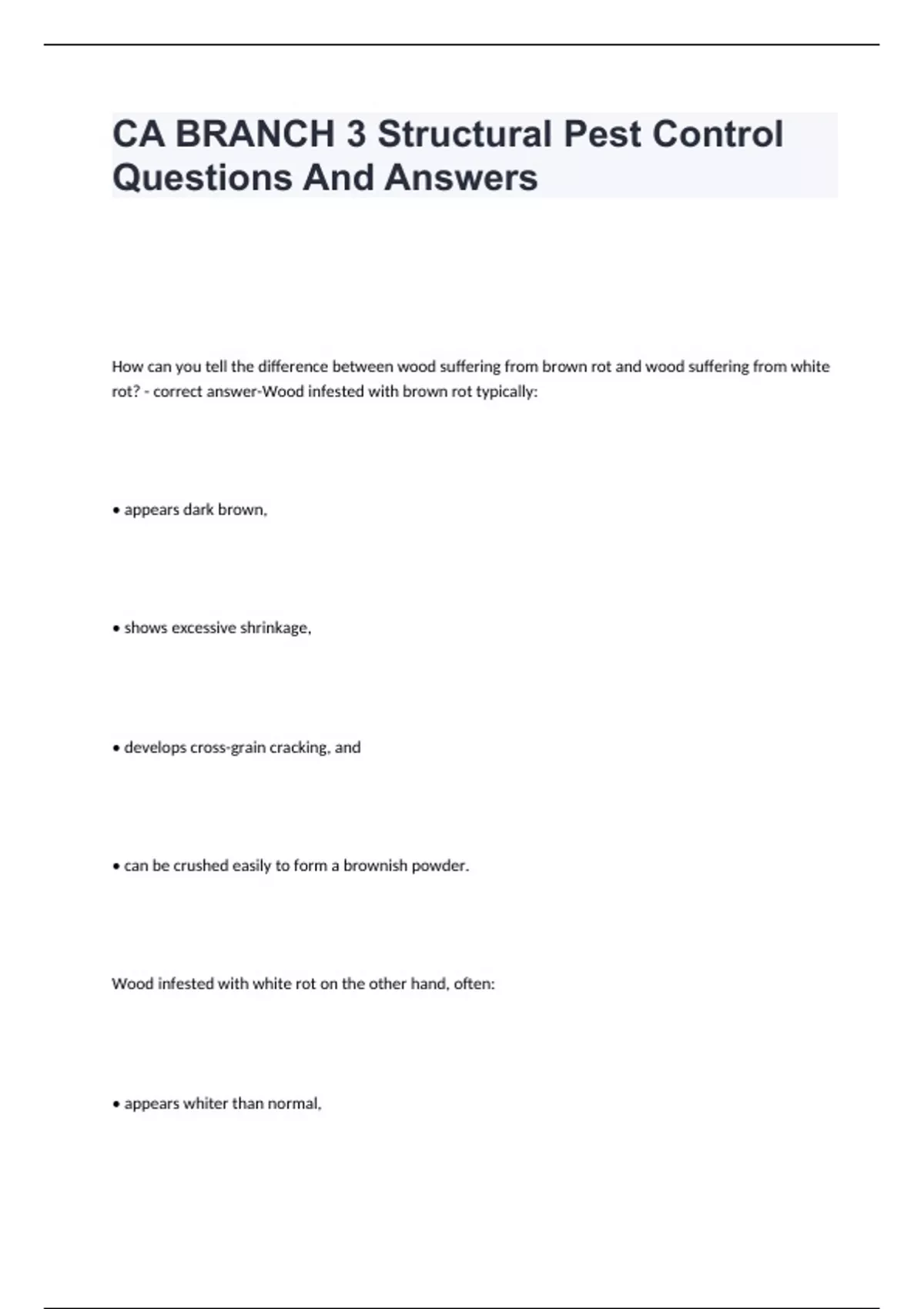 CA BRANCH 3 Structural Pest Control Questions And Answers CA BRANCH