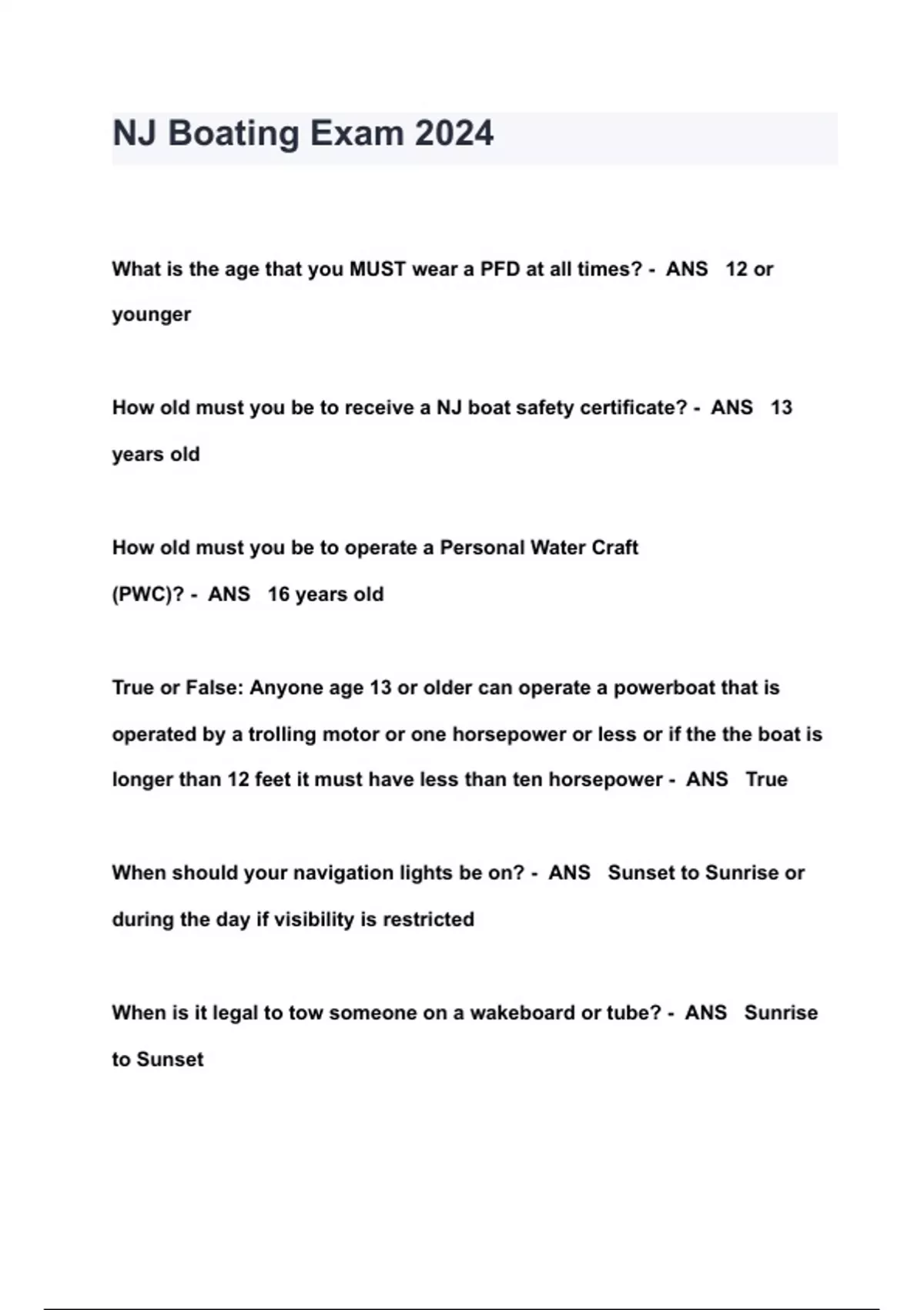 NJ Boating Exam 2024 questions & answers 2024 ( A+ GRADED 100 VERIFIED