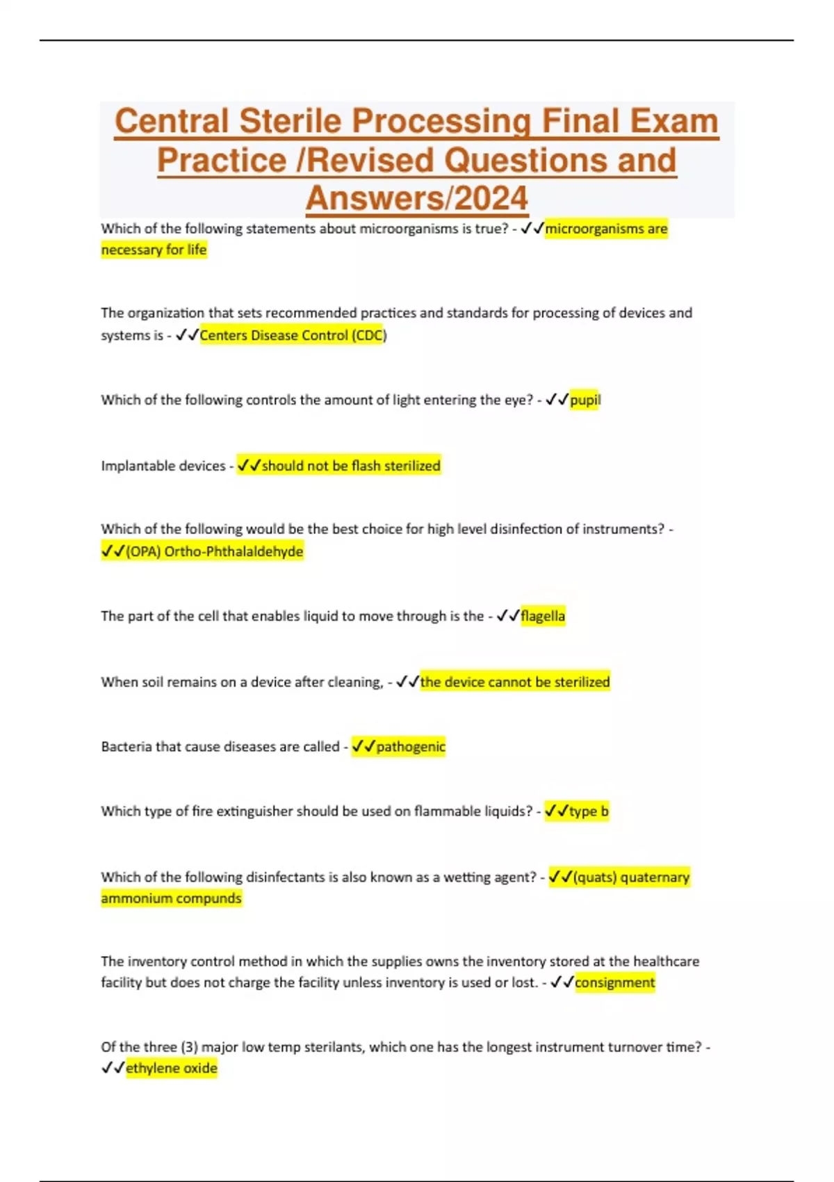 Central Sterile Processing Final Exam Practice /Revised Questions and Answers/2024 Central