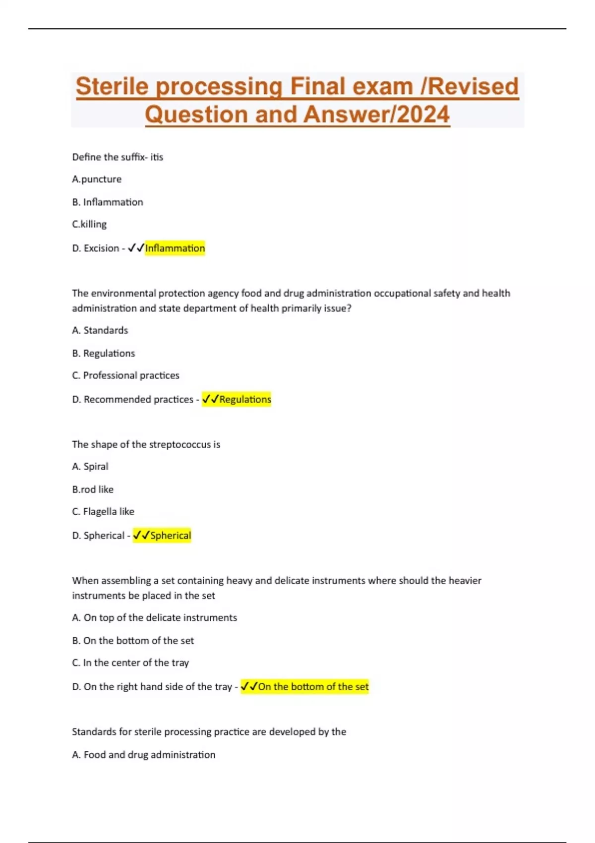 Sterile processing Final exam /Revised Question and Answer/2024 Sterile processing technician