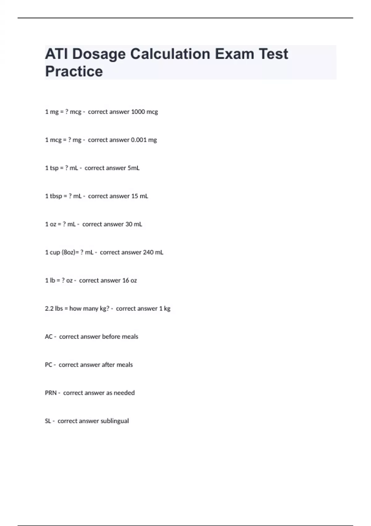 ATI Dosage Calculation Exam Test Practice correctly answered 2024/2025 ...