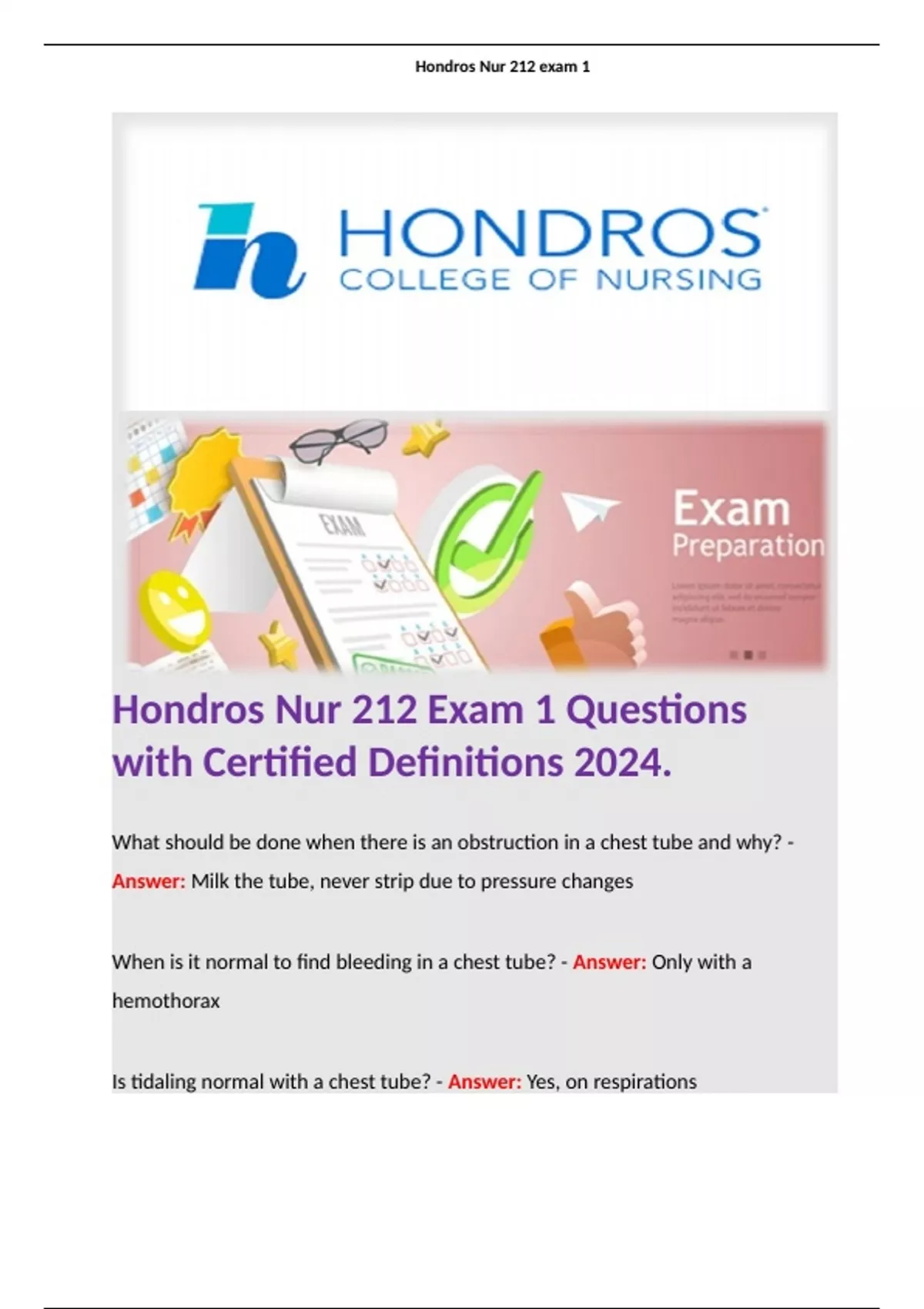 Hondros Nur 212 Exam 1 Questions with Certified Definitions 2024