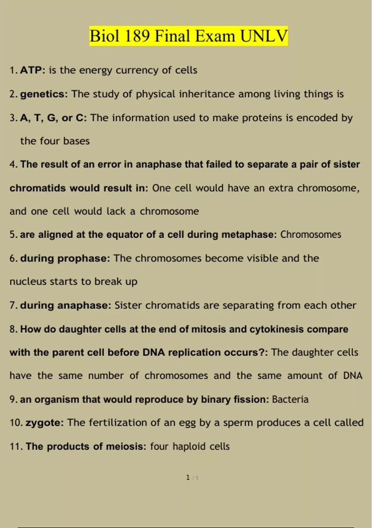 Biol 189 Final Exam UNLV Updated Questions and Answers (2024 / 2025 ...
