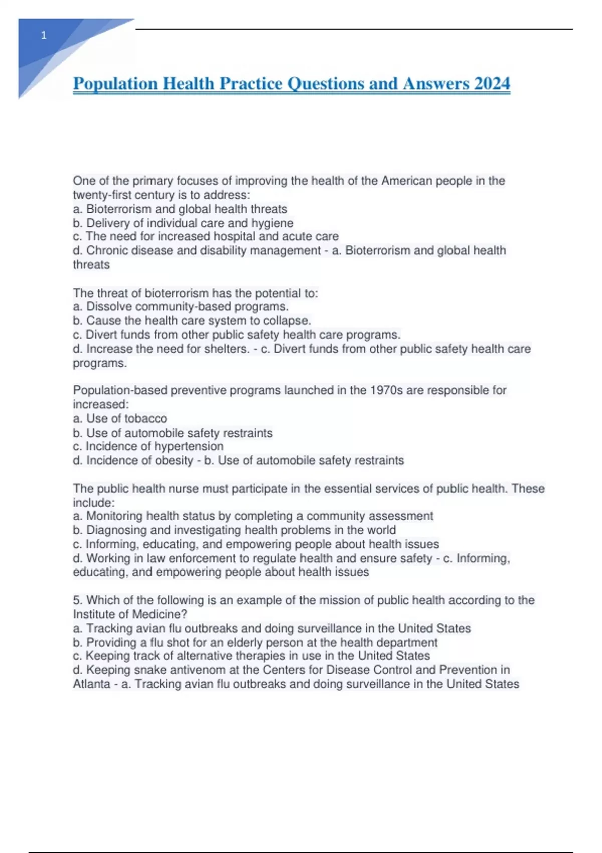 Population Health Practice Questions and Answers 2024 - Population ...