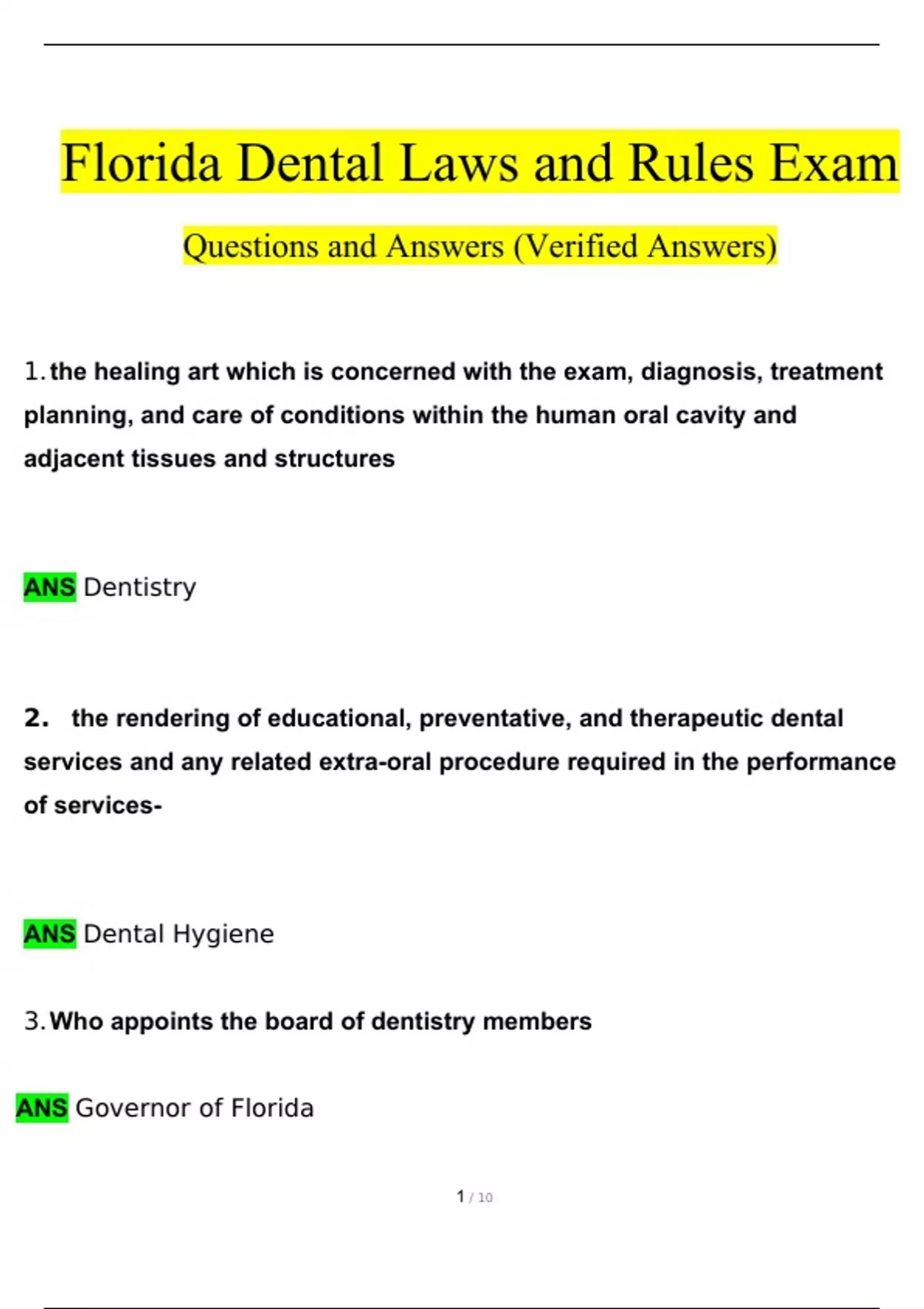 Florida Dental Laws and Rules Exam Questions and Answers (2024 / 2025