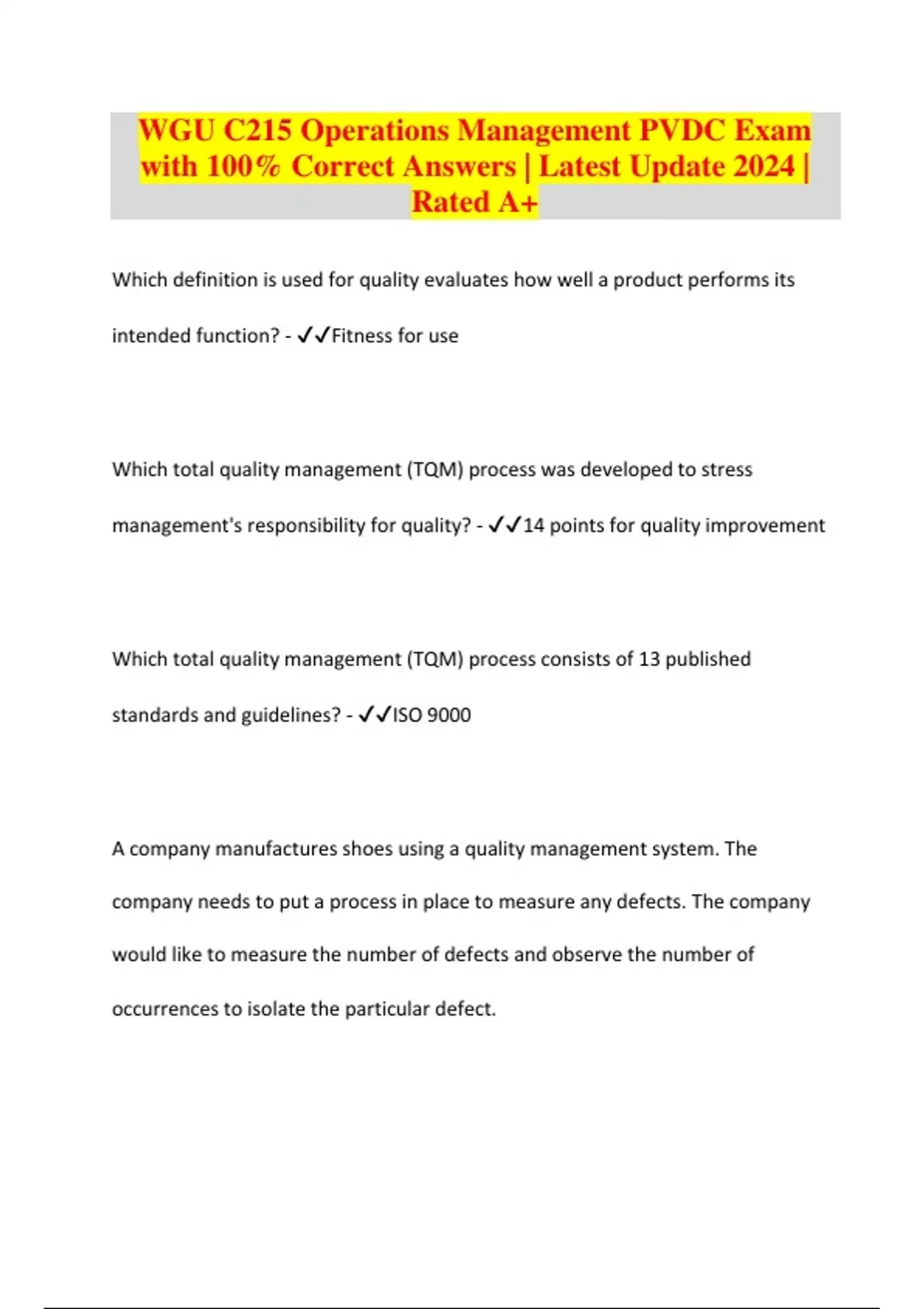 WGU C215 Operations Management PVDC Exam with 100% Correct Answers ...