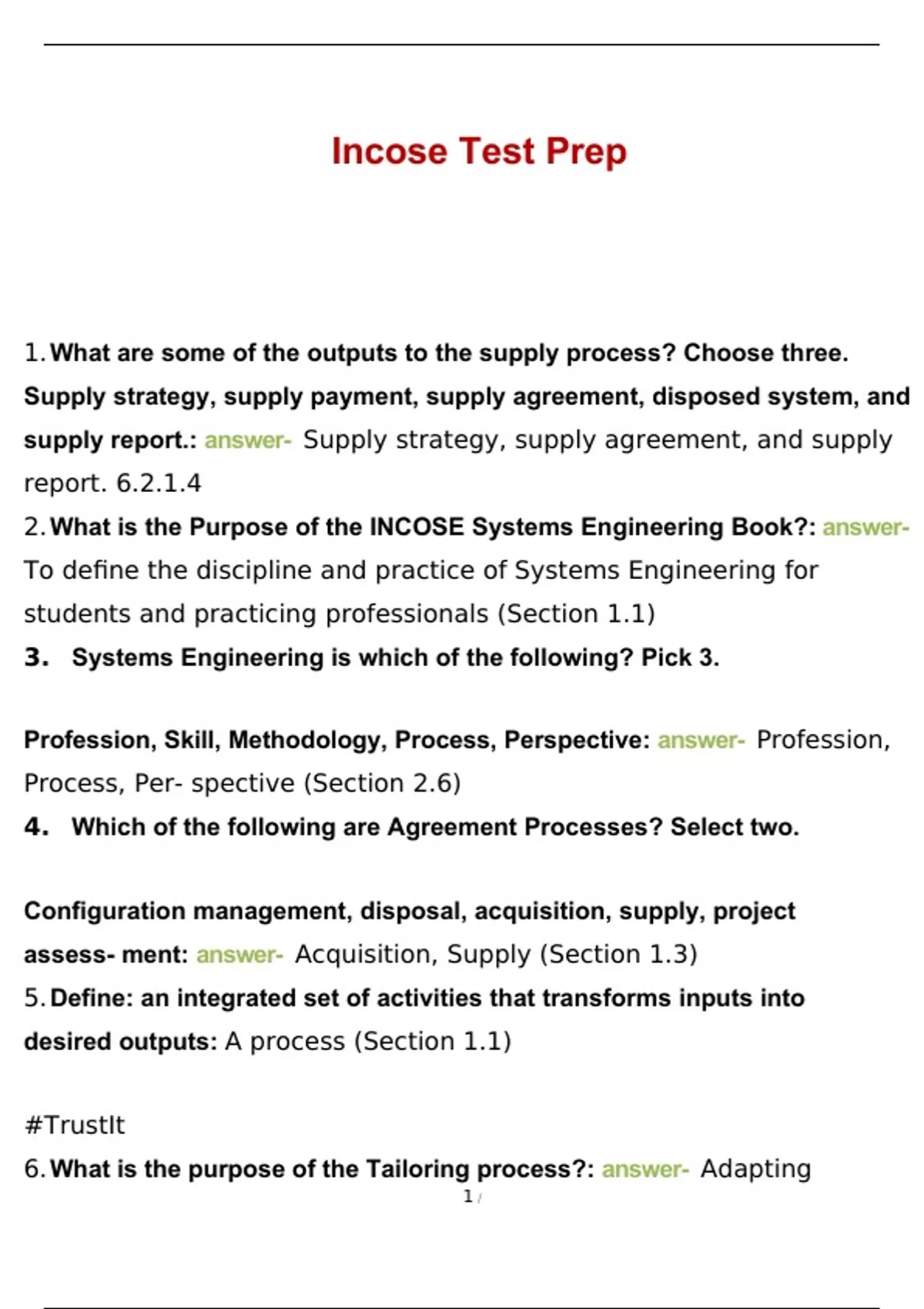 Incose Latest System Level Examples Incose Test Prep | 100% Correct Answers | Verified | Latest 2024 ...